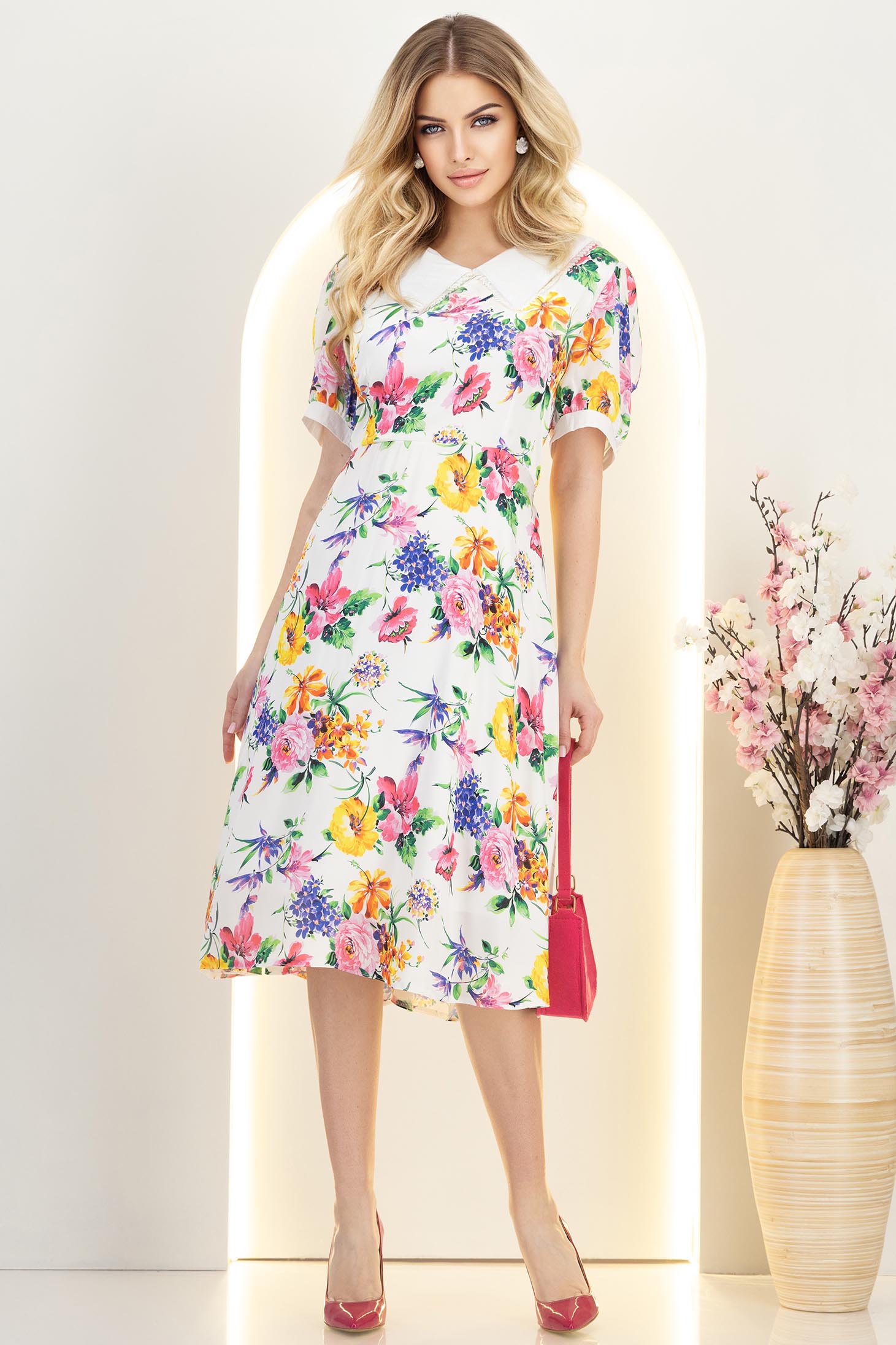 Rochie din satin multicolora midi in clos cu elastic in talie - StarShinerS 3 - StarShinerS.ro