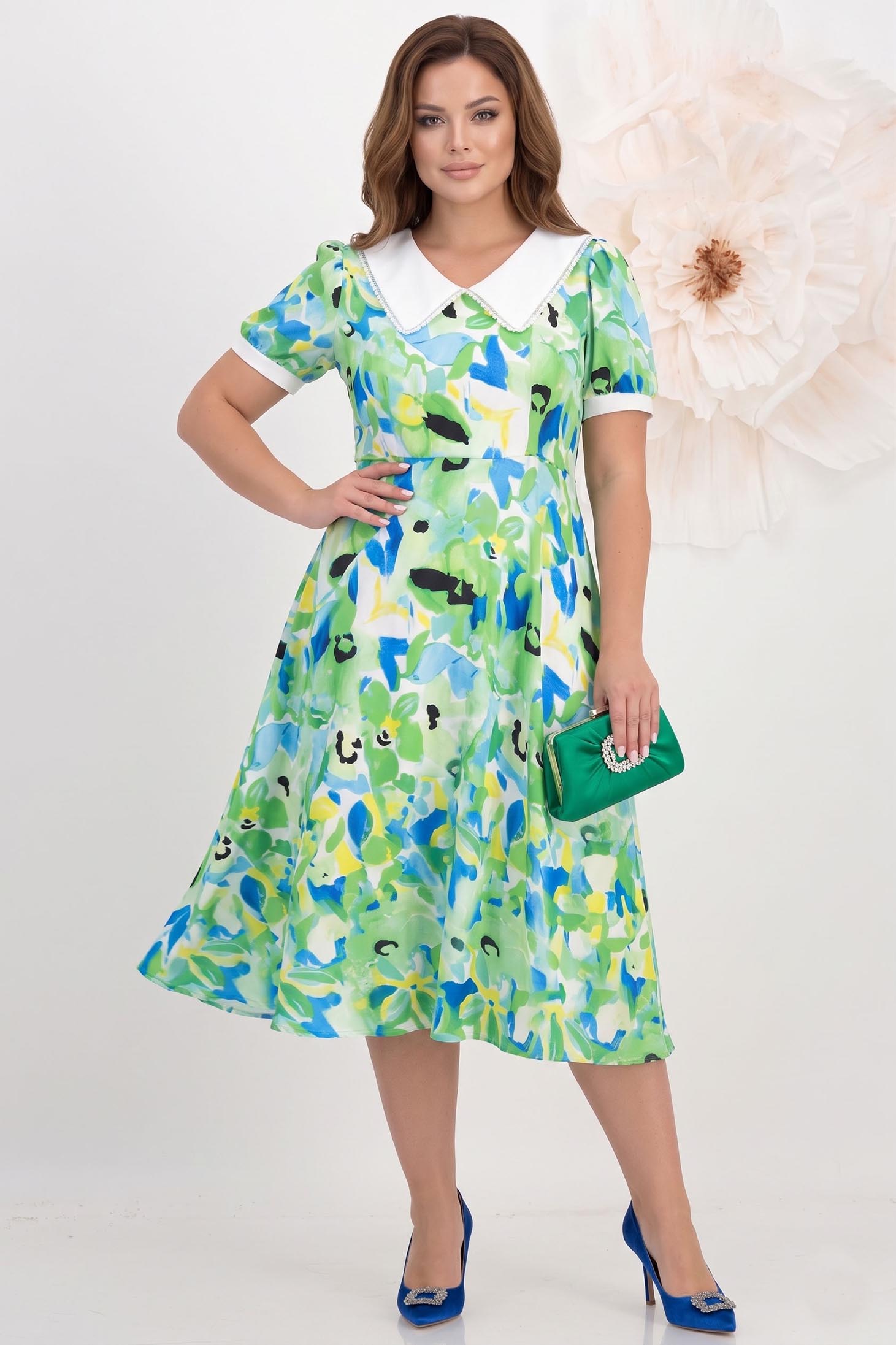 Rochie din satin verde midi in clos cu elastic in talie - StarShinerS 3 - StarShinerS.ro
