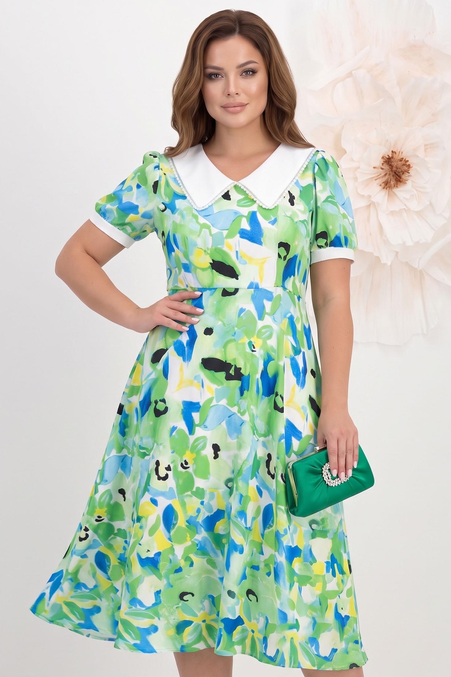 Rochie din satin verde midi in clos cu elastic in talie - StarShinerS 1 - StarShinerS.ro