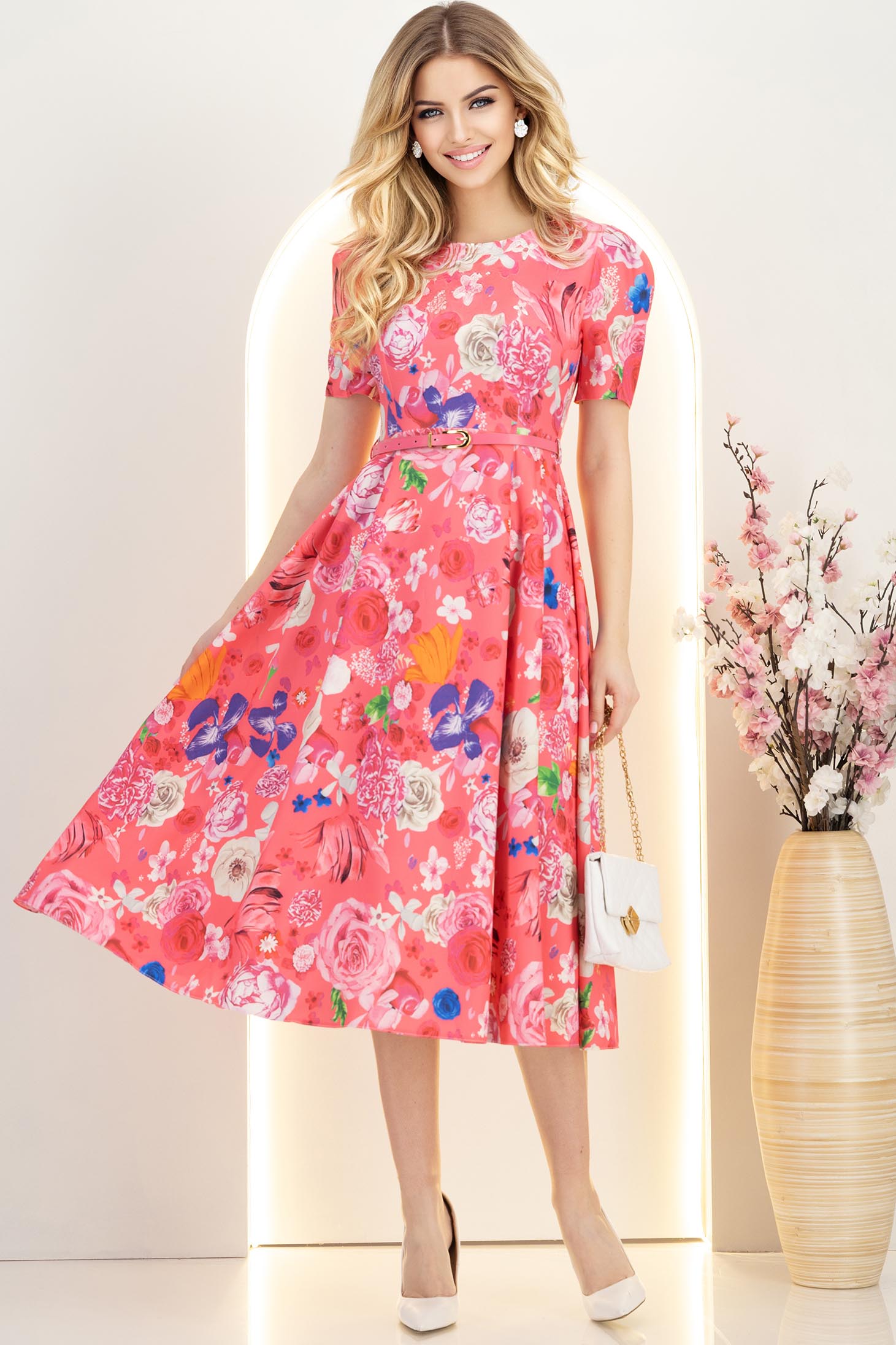 Rochie din stofa roz midi in clos cu accesoriu tip curea- StarShinerS 3 - StarShinerS.ro