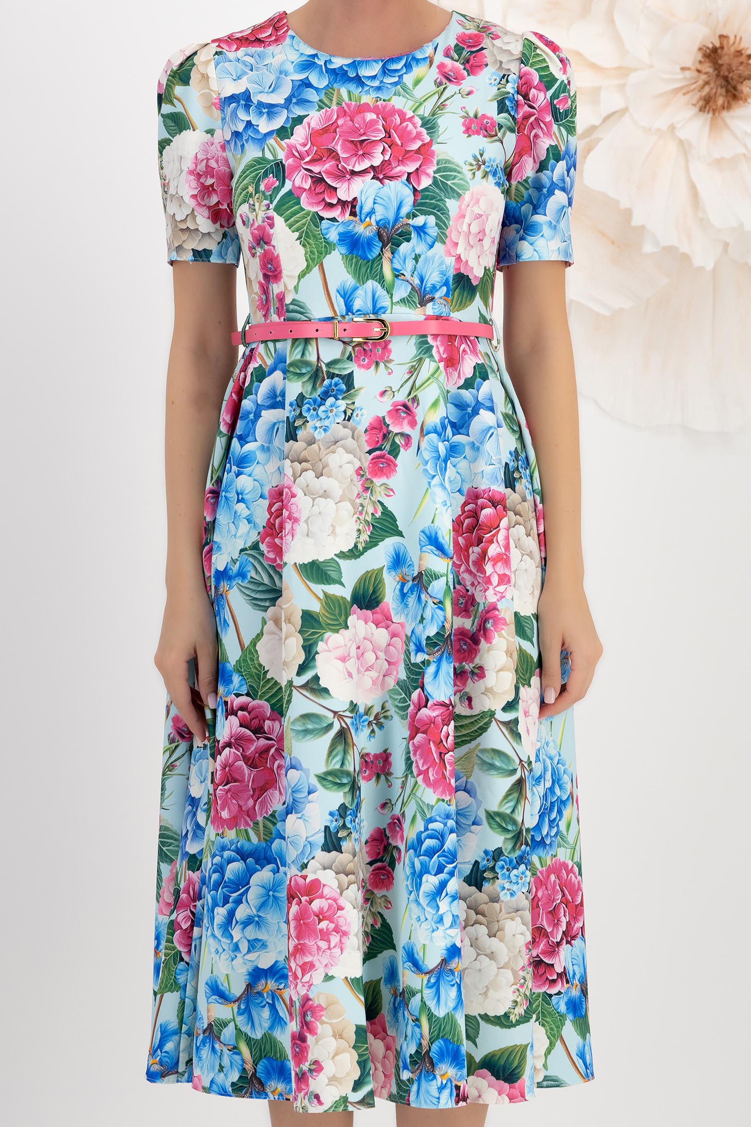 Rochie din stofa elastica multicolora midi in clos cu accesoriu tip curea imprimata floral - StarShinerS 4 - StarShinerS.ro