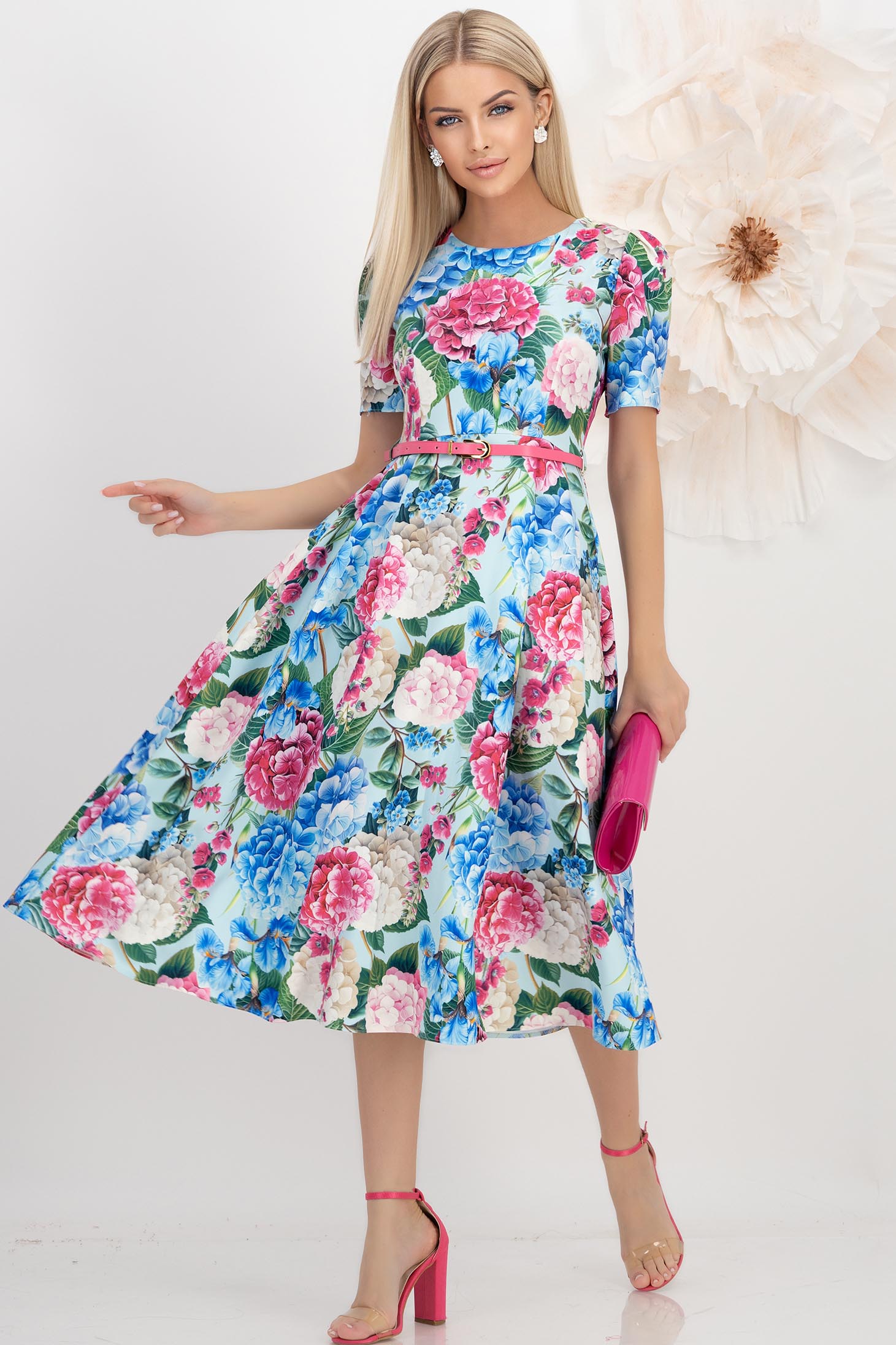 Rochie din stofa elastica multicolora midi in clos cu accesoriu tip curea imprimata floral - StarShinerS 3 - StarShinerS.ro