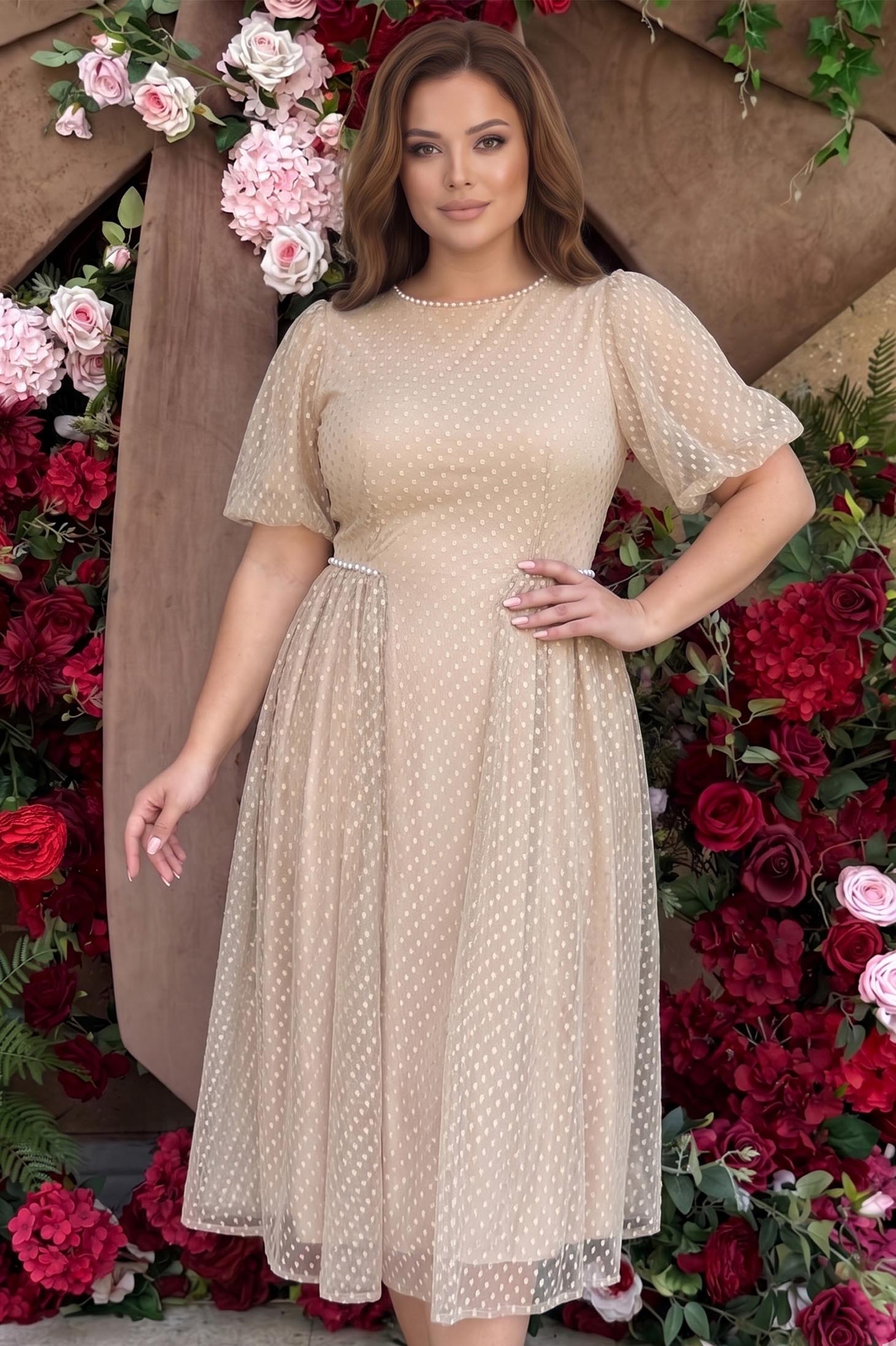 Rochie din tul cu plumeti bej midi in clos cu maneci bufante si aplicatii stralucitoare cu perle - StarShinerS 1 - StarShinerS.ro