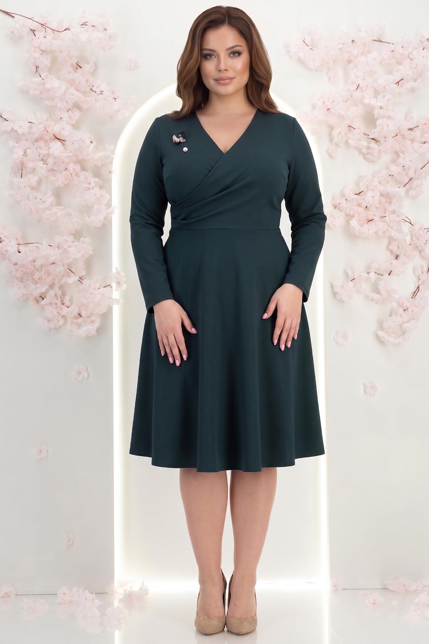 Rochie din jersey cu viscoza verde-inchis pana la genunchi in clos cu brosa - StarShinerS 1 - StarShinerS.ro