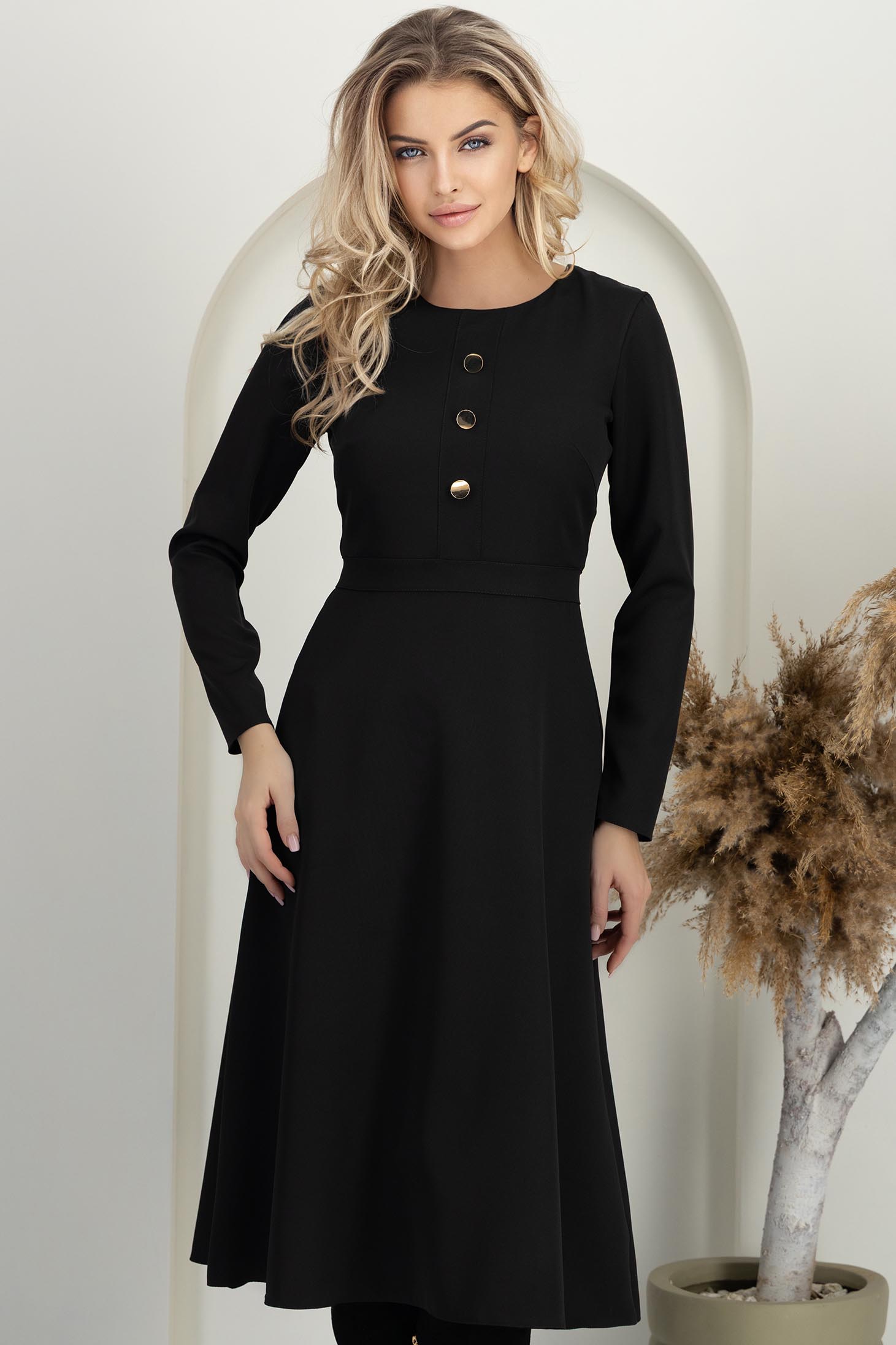 StarShinerS.ro Rochie stofa neagra midi in clos cu nasturi decorativi - StarShinerS