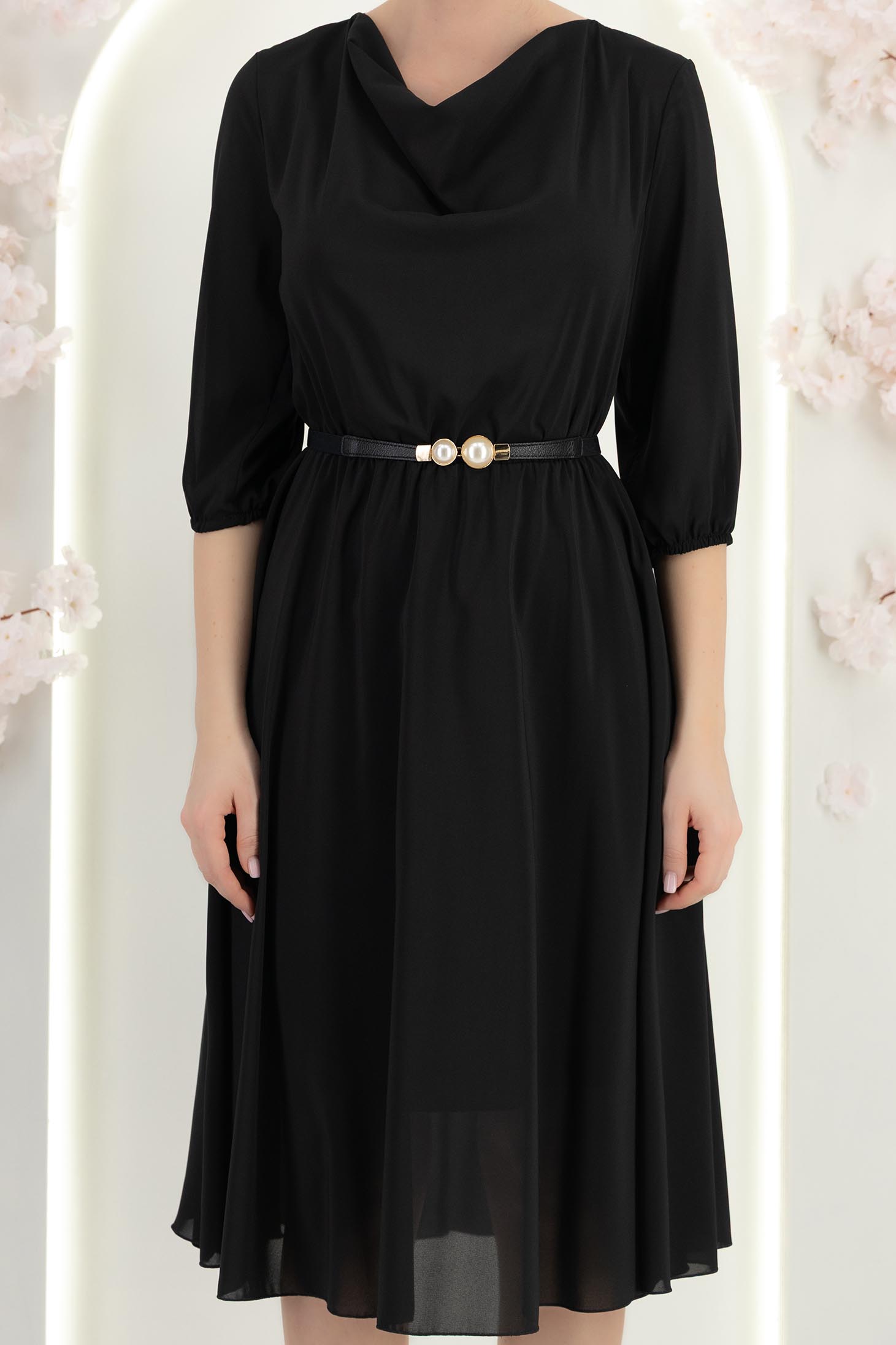 Rochie din voal neagra midi in clos cu elastic in talie si curea - StarShinerS 7 - StarShinerS.ro