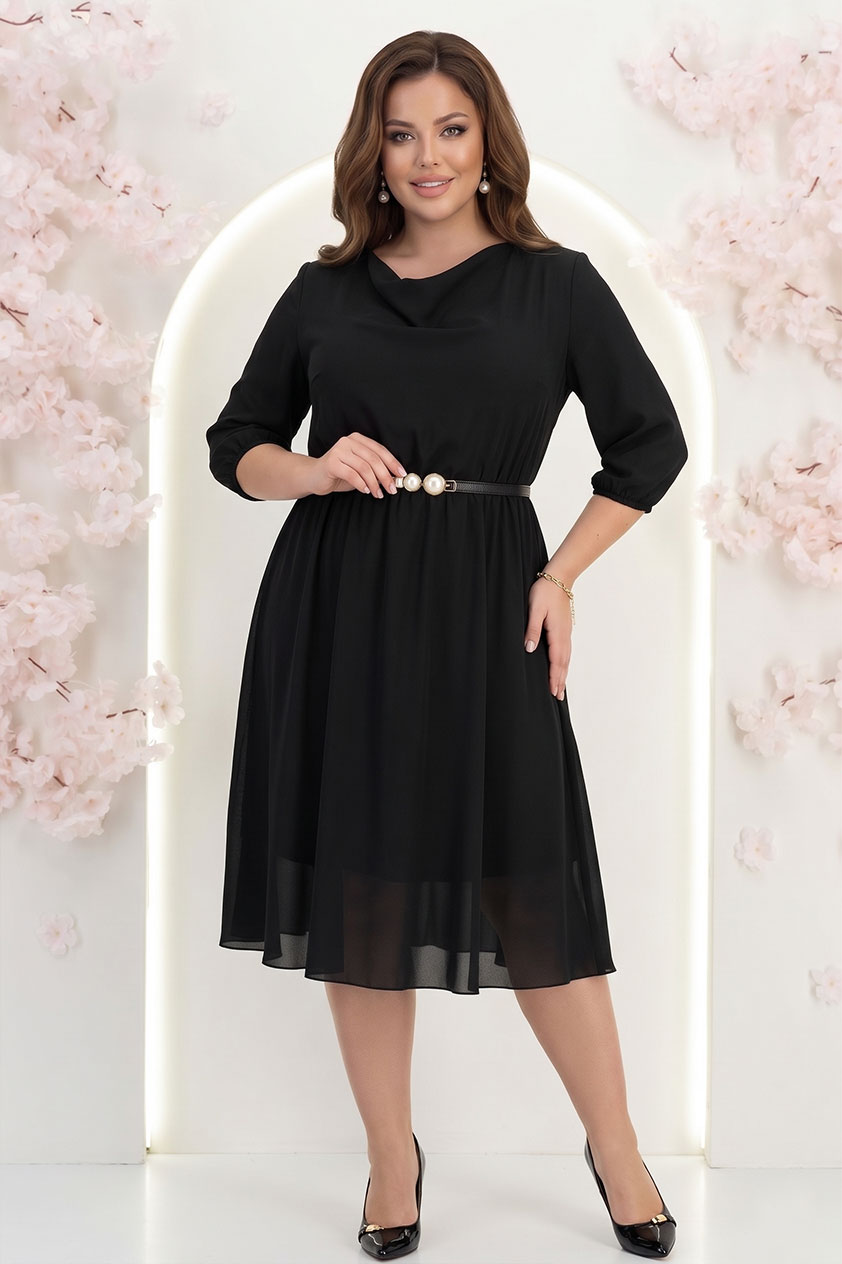 Rochie din voal neagra midi in clos cu elastic in talie si curea - StarShinerS 3 - StarShinerS.ro