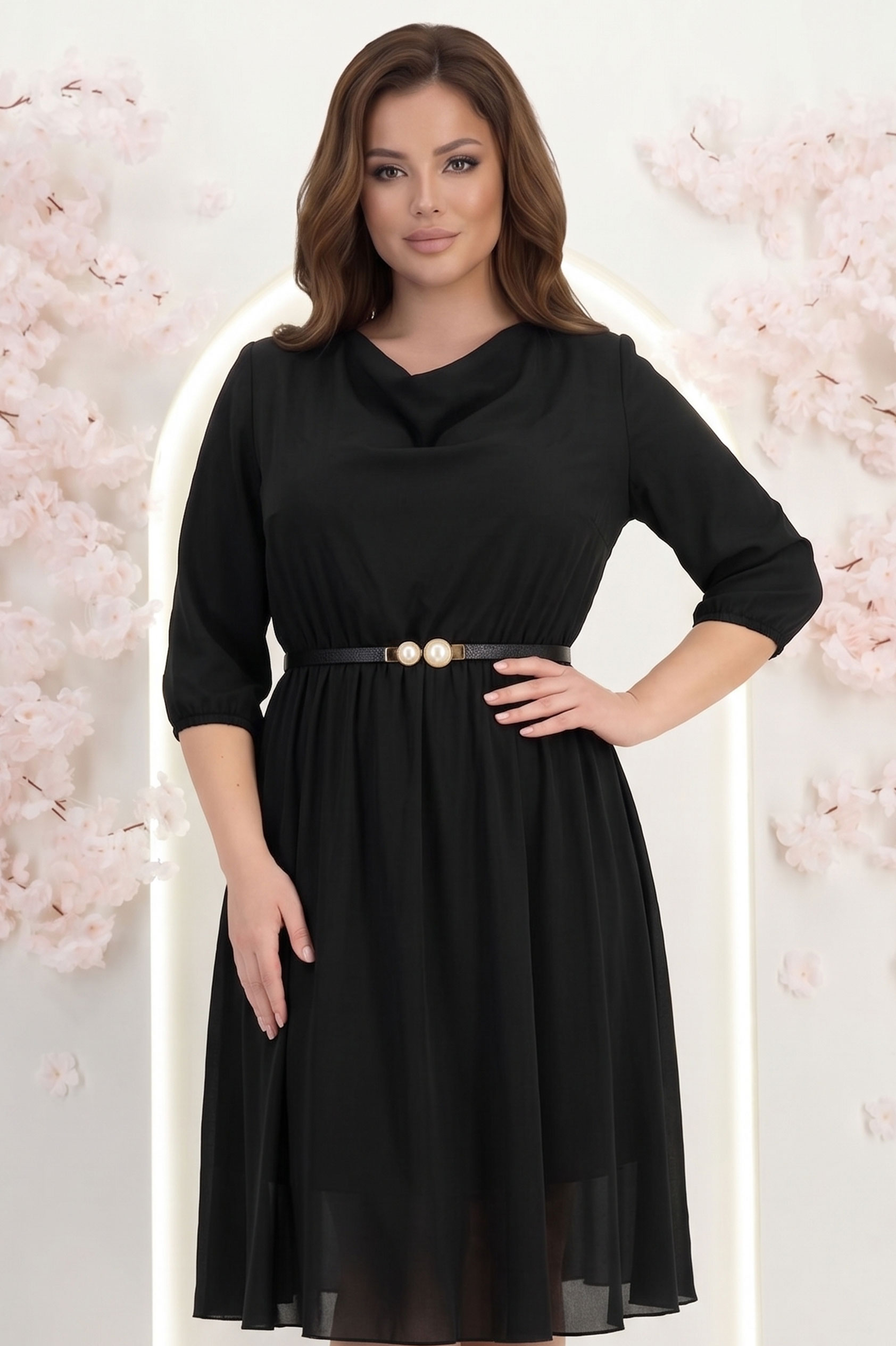 Rochie din voal neagra midi in clos cu elastic in talie si curea - StarShinerS 2 - StarShinerS.ro