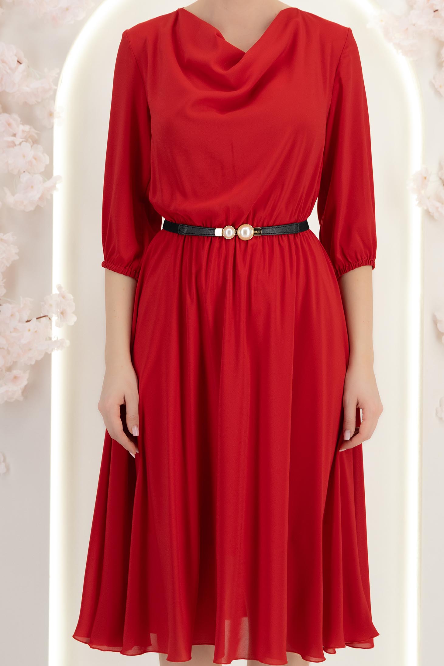 Rochie din voal rosie midi in clos cu elastic in talie si curea - StarShinerS 6 - StarShinerS.ro