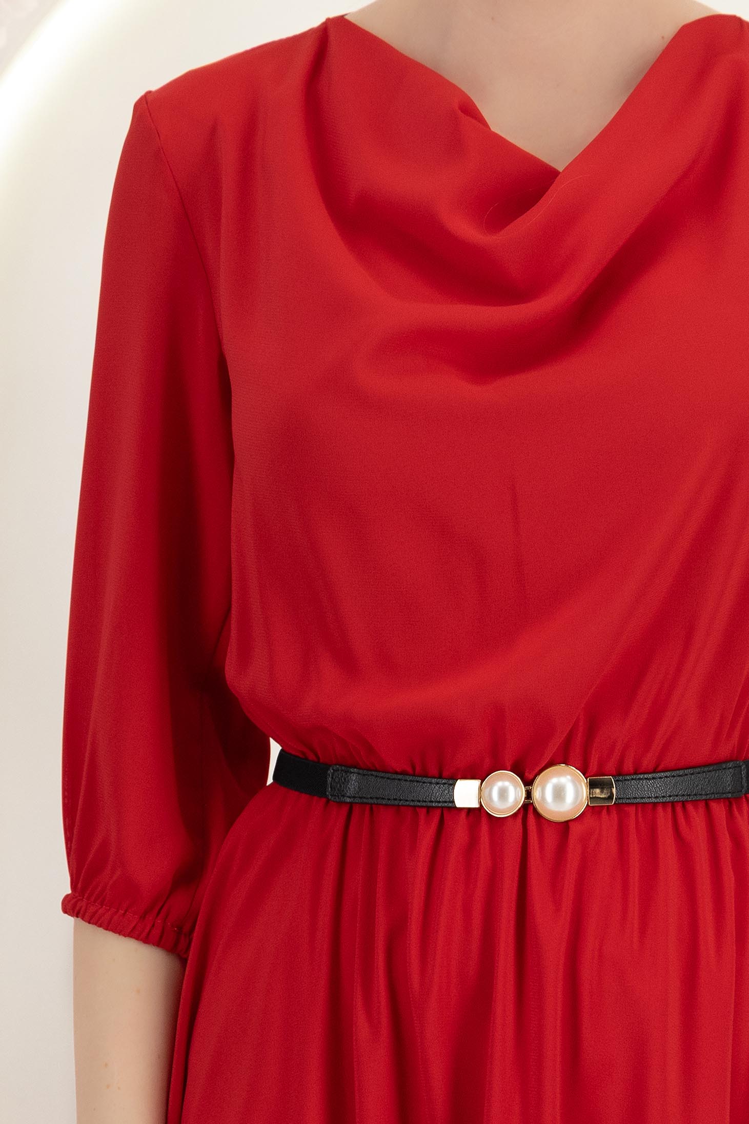 Rochie din voal rosie midi in clos cu elastic in talie si curea - StarShinerS 5 - StarShinerS.ro