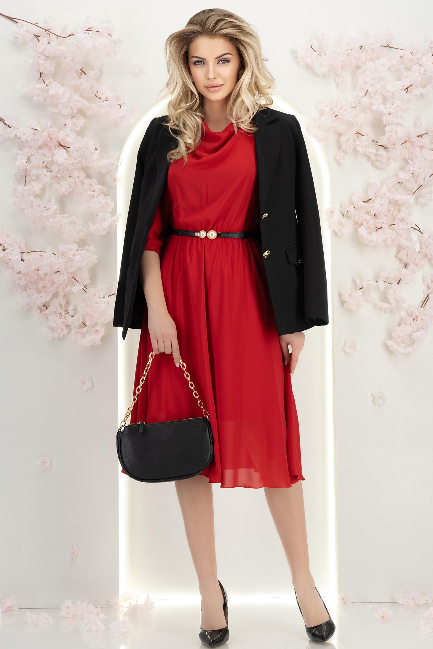 Rochie din voal rosie midi in clos cu elastic in talie si curea - StarShinerS 4 - StarShinerS.ro