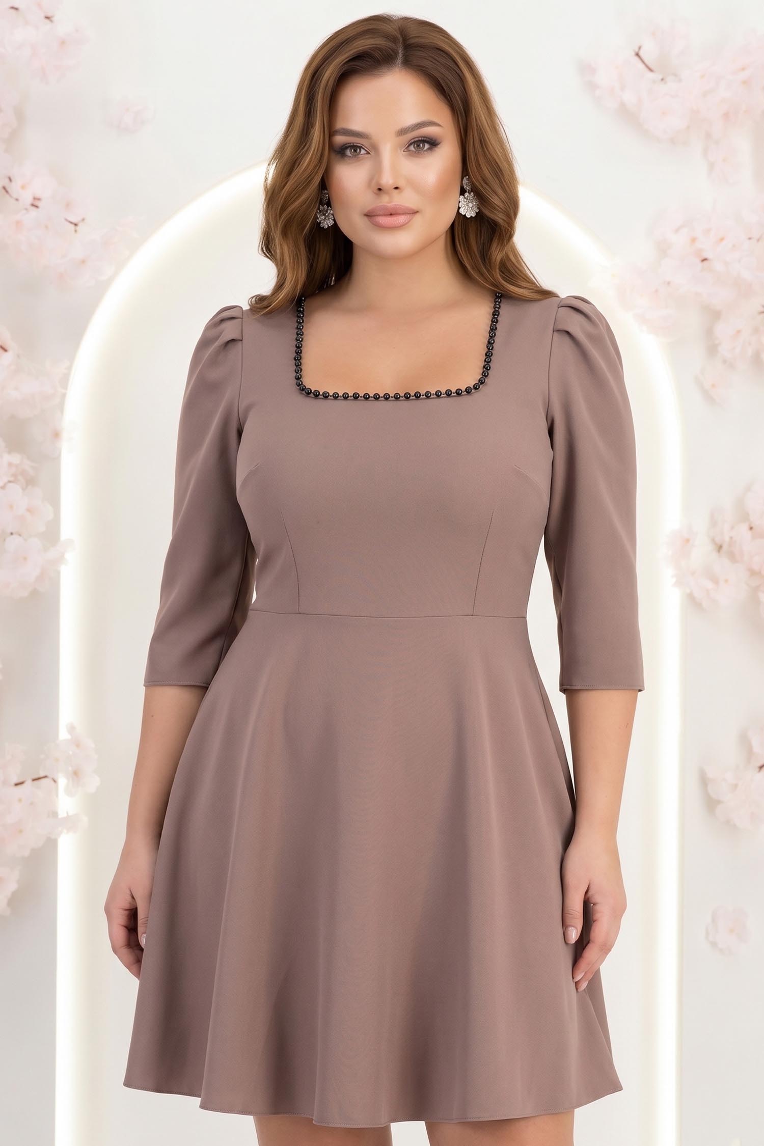 Rochie din stofa mocha scurta in clos cu umeri bufanti si perle- StarShinerS 1 - StarShinerS.ro