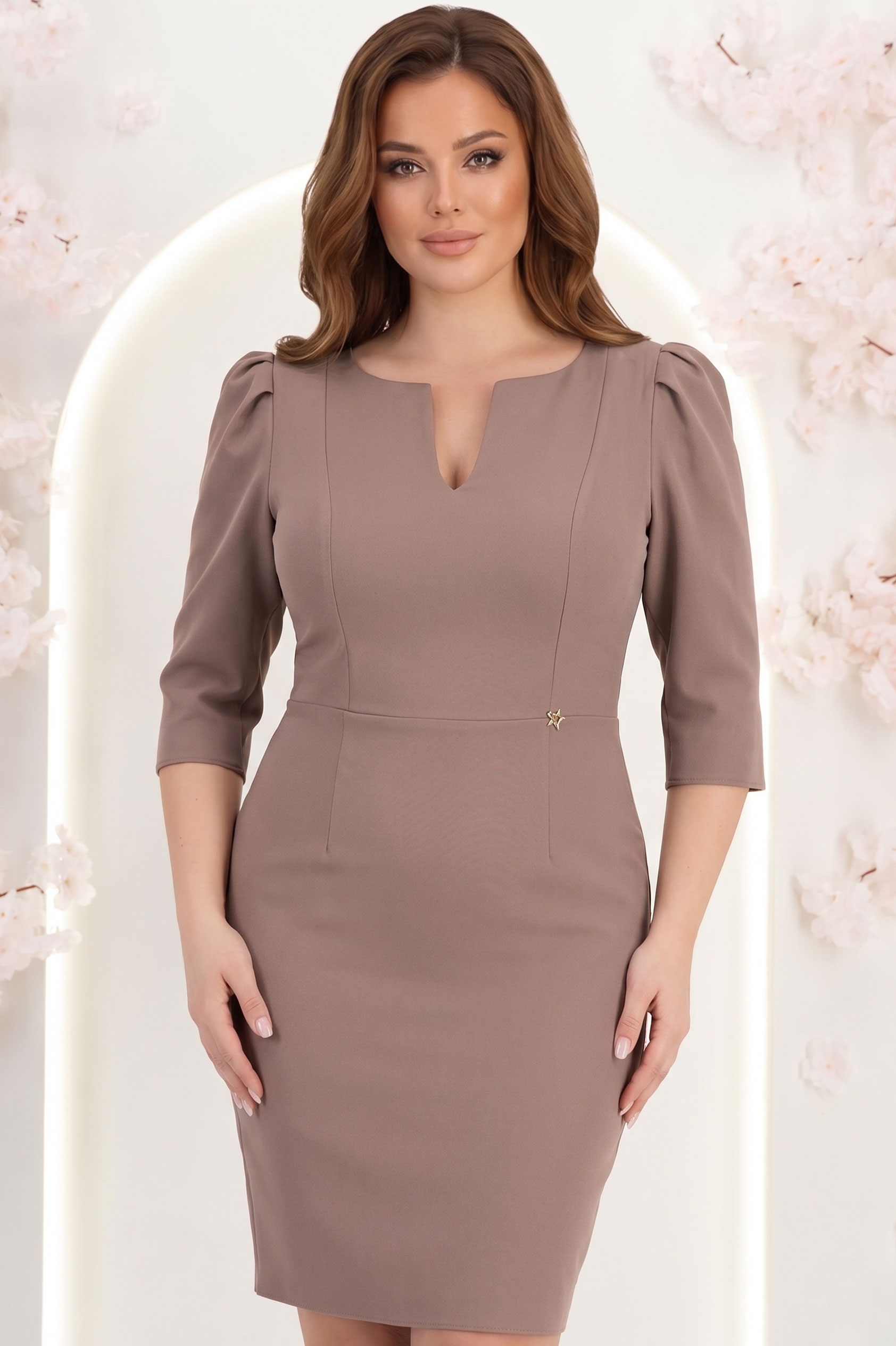 Rochie din stofa mocha scurta tip creion cu umeri bufanti - StarShinerS 1 - StarShinerS.ro