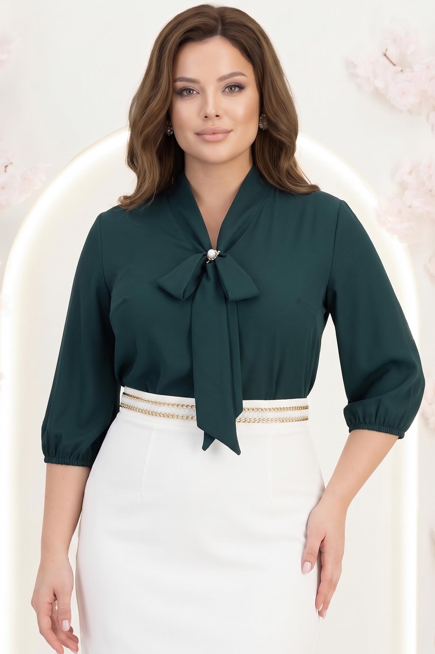 Bluza dama din voal verde-inchis cu maneci trei-sferturi bufante si croi larg cu guler tip esarfa cu inel - StarShinerS 1 - StarShinerS.ro