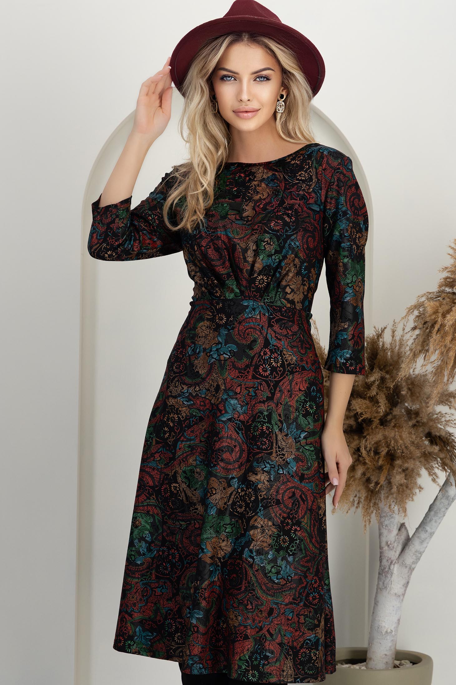 StarShinerS.ro Rochie modal neagra midi in clos cu maneci trei-sferturi