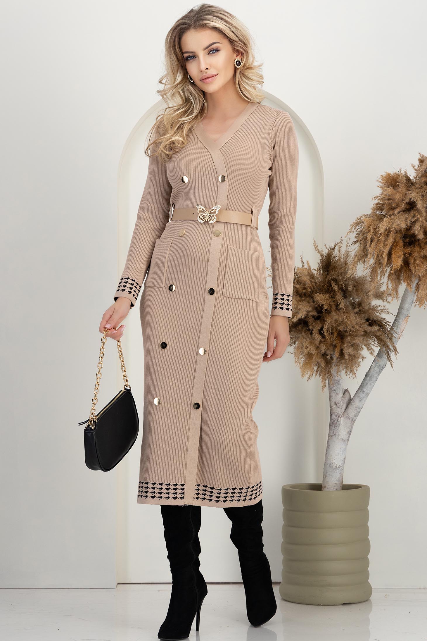 Bež haljina pletenje vrsta olovke 3 - StarShinerS.hr