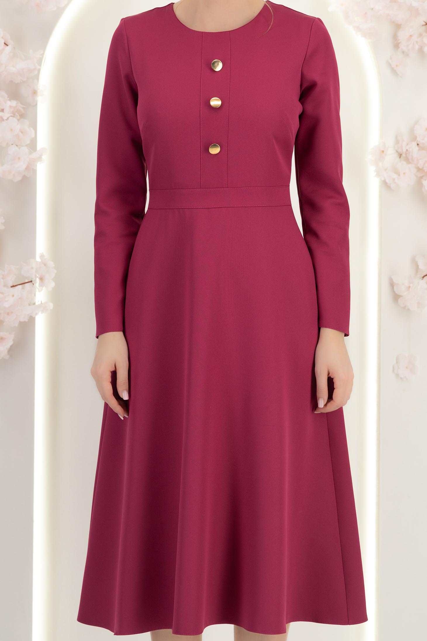 Rochie stofa zmeura midi in clos cu nasturi decorativi - StarShinerS 5 - StarShinerS.ro