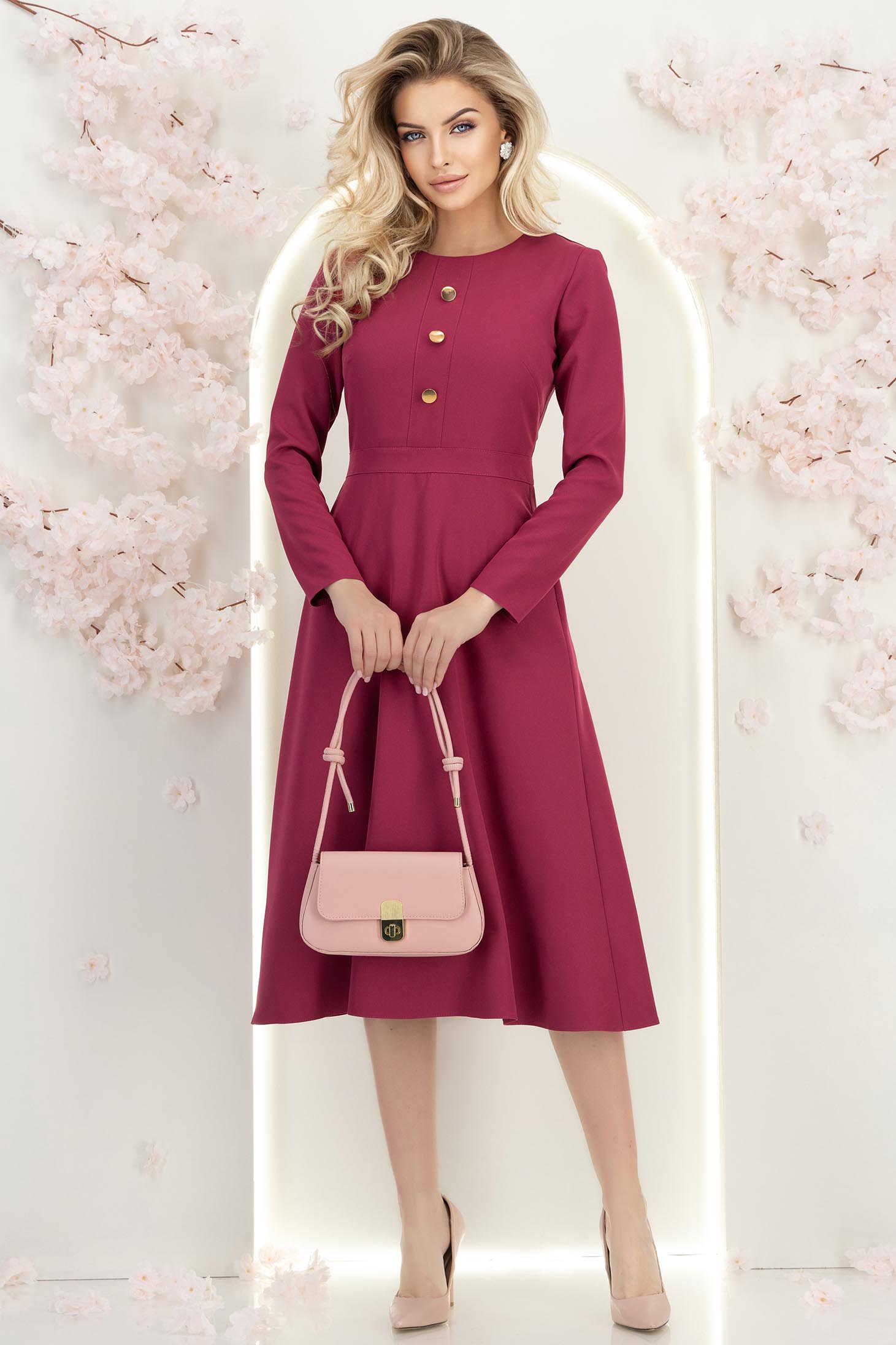 StarShinerS.ro Rochie stofa zmeura midi in clos cu nasturi decorativi - StarShinerS