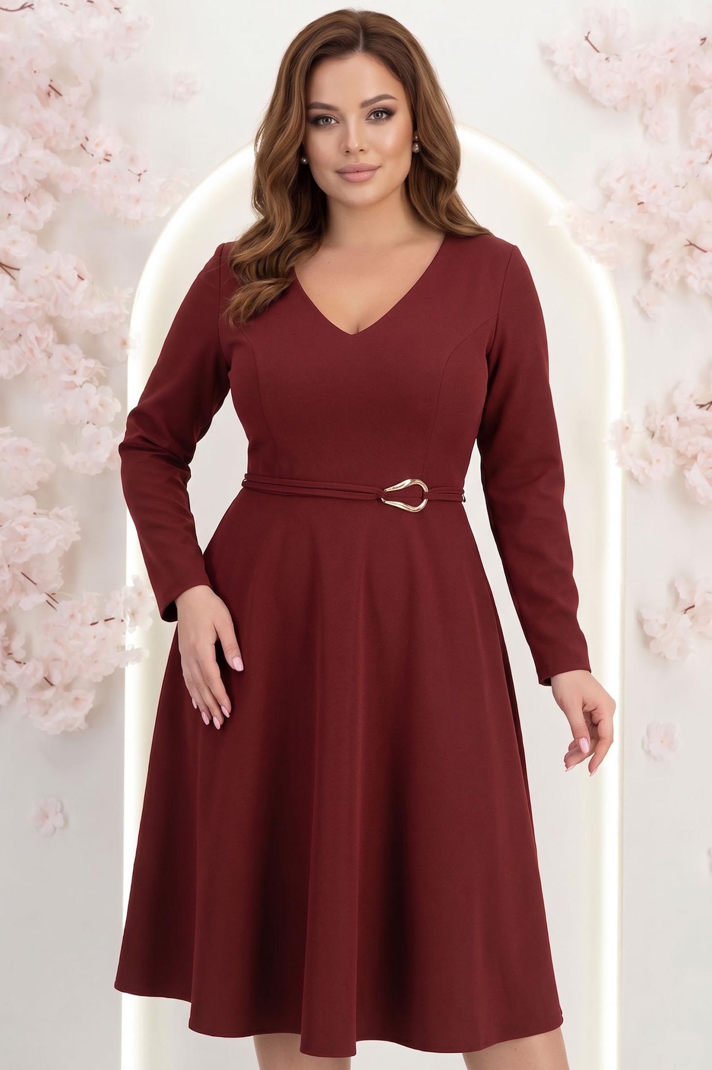 Rochie din stofa visinie midi in clos accesorizata cu inel auriu in talie - StarShinerS 1 - StarShinerS.ro