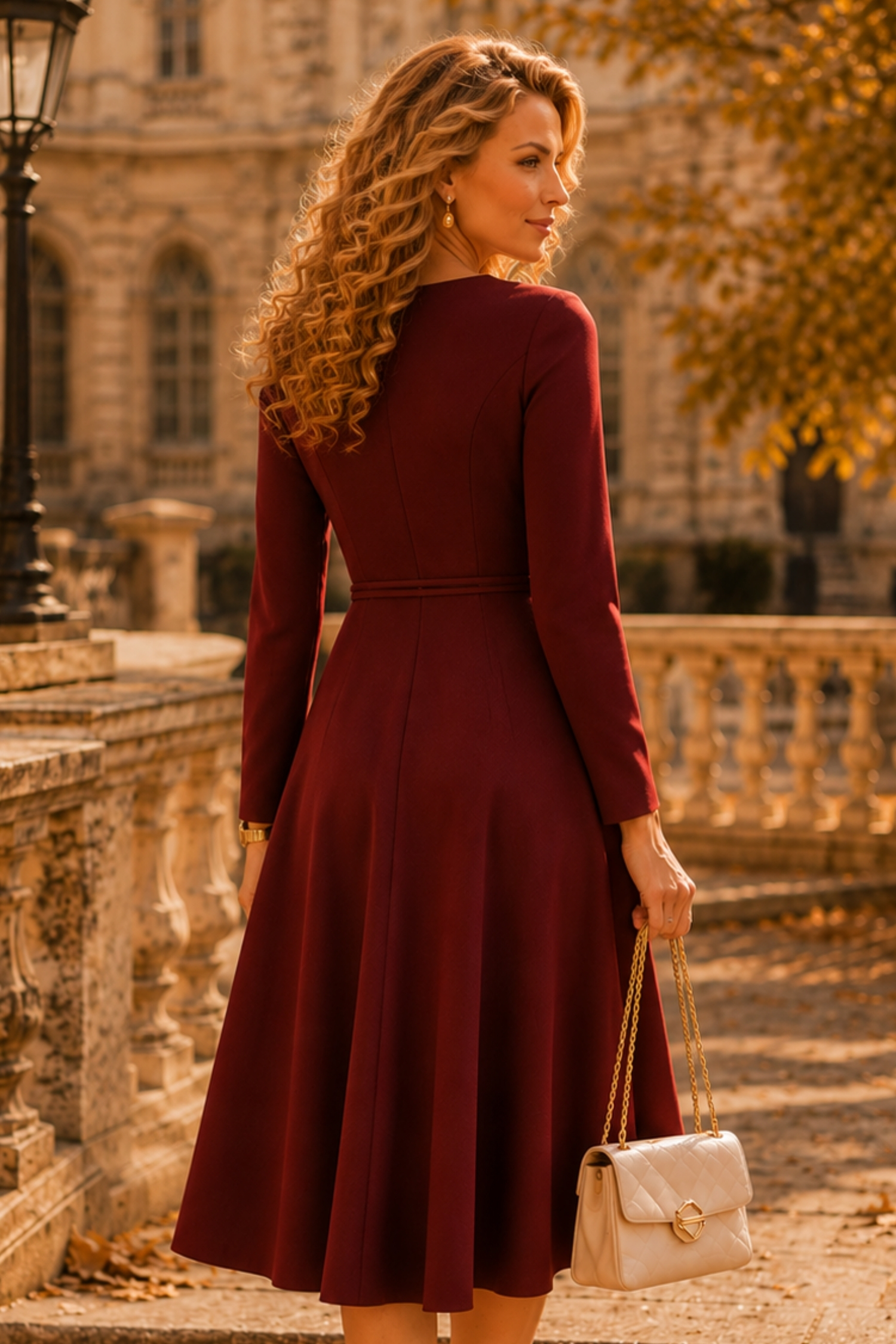 Rochie din stofa visinie midi in clos accesorizata cu inel auriu in talie - StarShinerS 2 - StarShinerS.ro