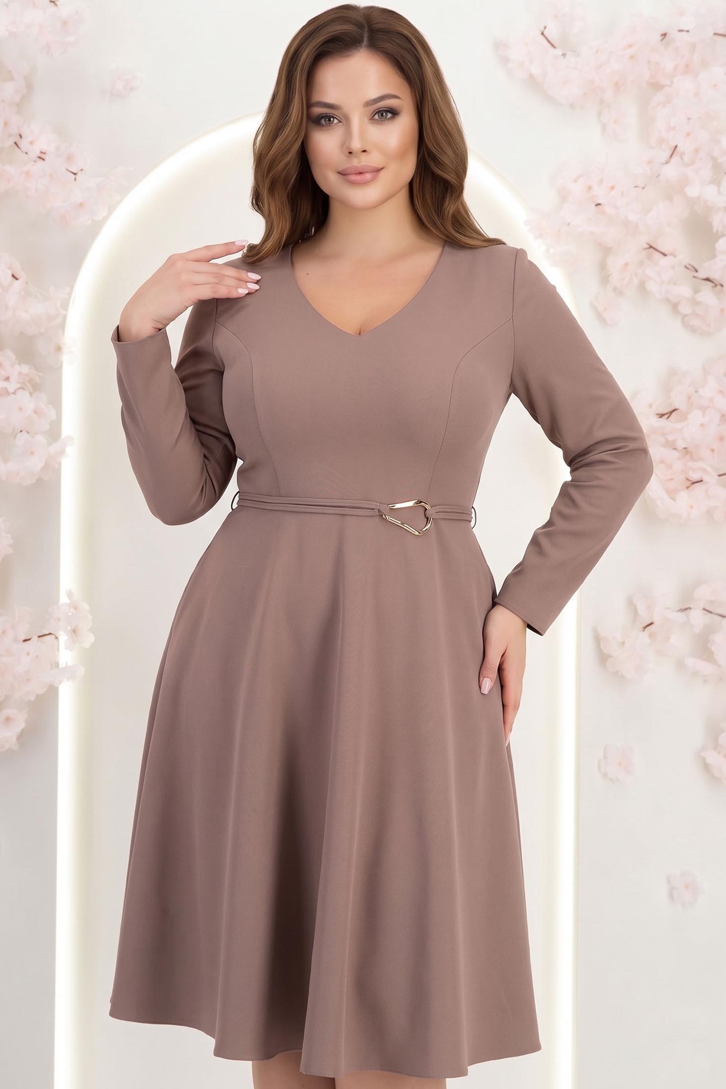 Rochie din stofa mocha midi in clos accesorizata cu inel auriu in talie - StarShinerS 1 - StarShinerS.ro