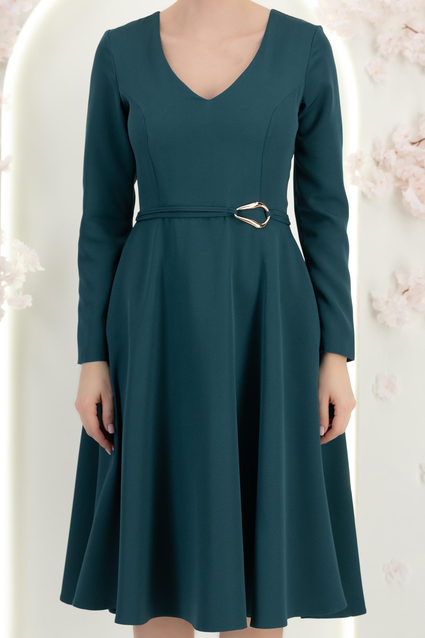 Rochie din stofa albastru petrol midi in clos cu inel auriu in talie - StarShinerS 5 - StarShinerS.ro