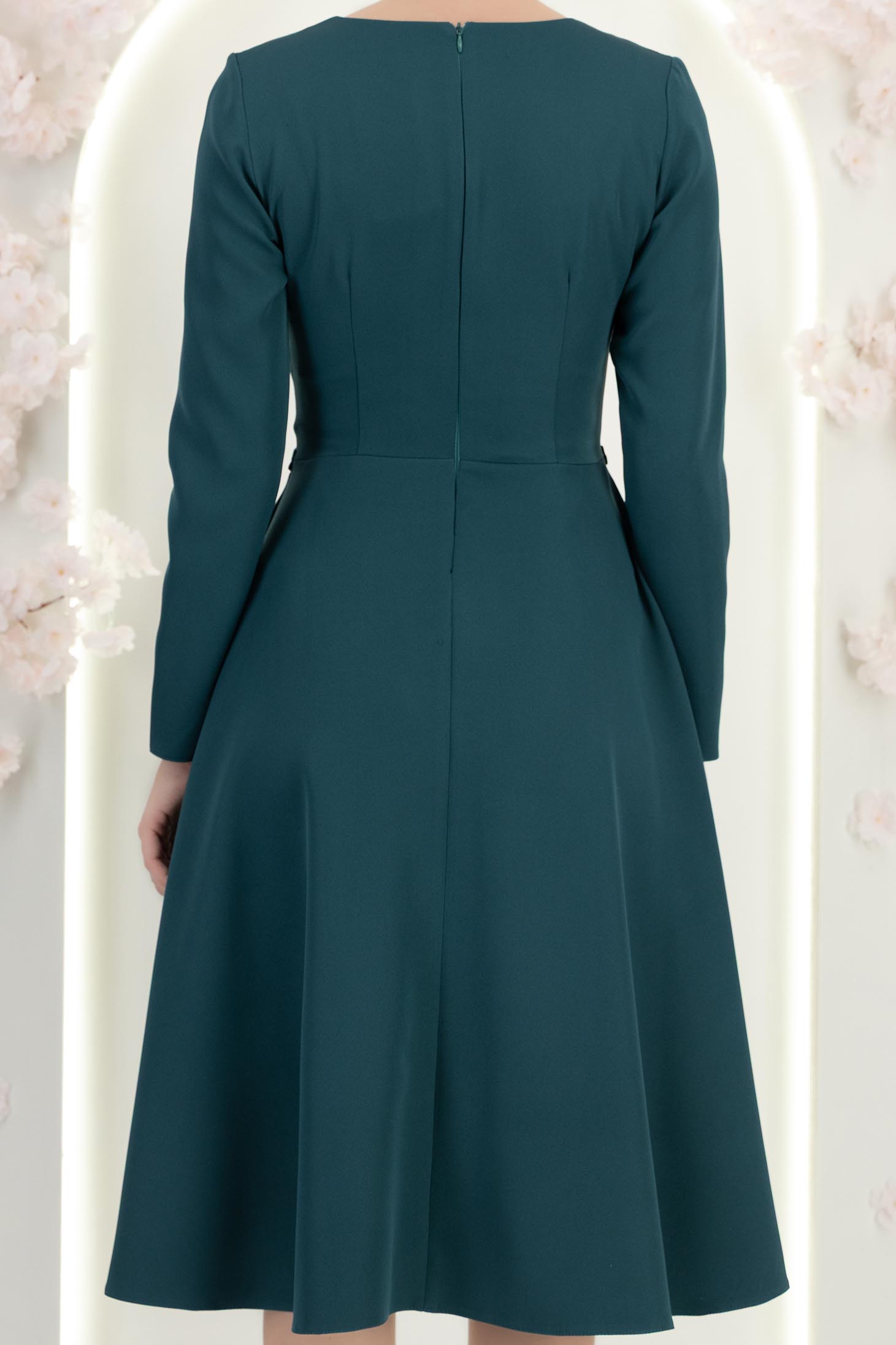 Rochie din stofa albastru petrol midi in clos cu inel auriu in talie - StarShinerS 6 - StarShinerS.ro