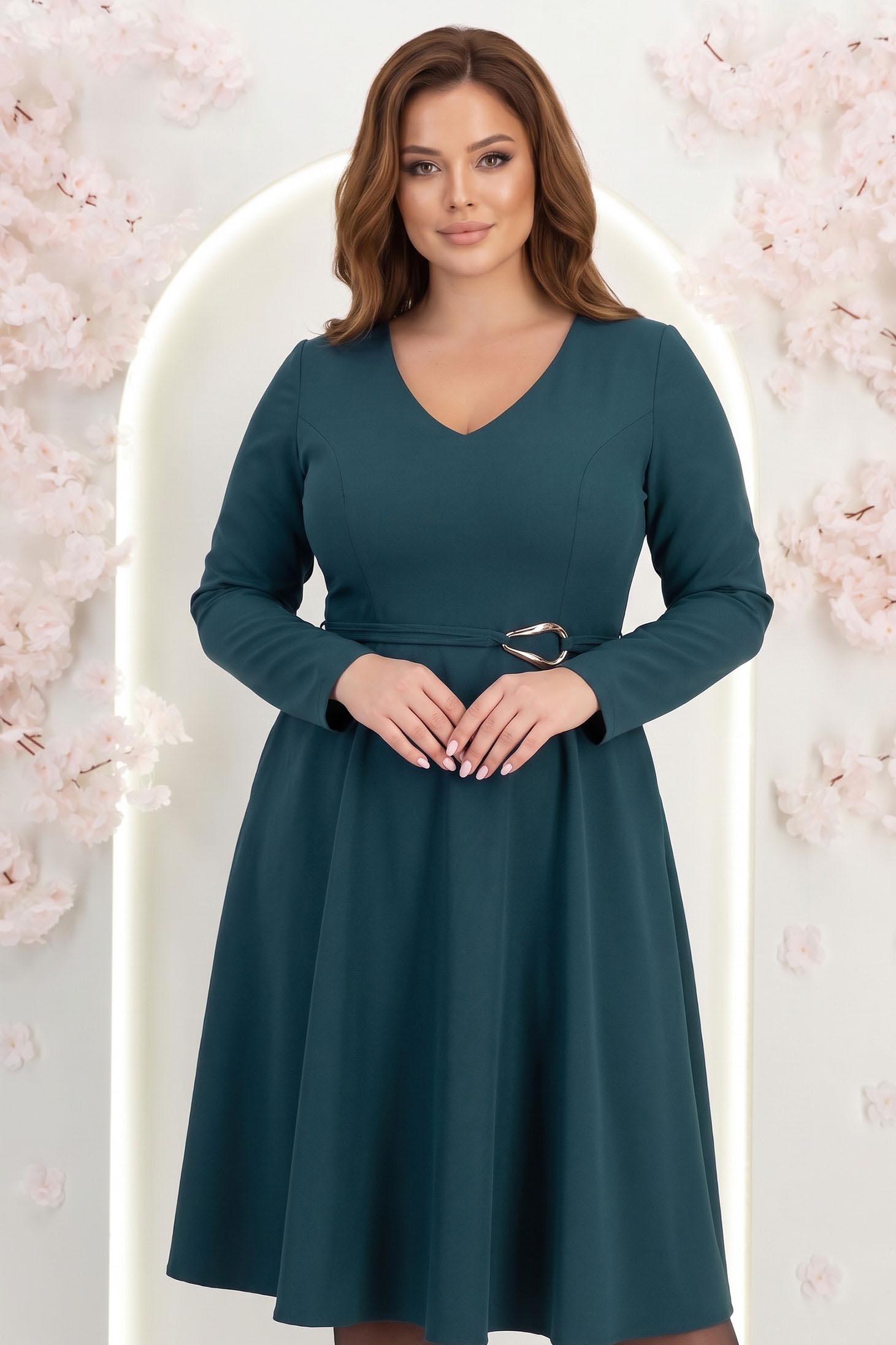 Rochie din stofa albastru petrol midi in clos cu inel auriu in talie - StarShinerS 1 - StarShinerS.ro
