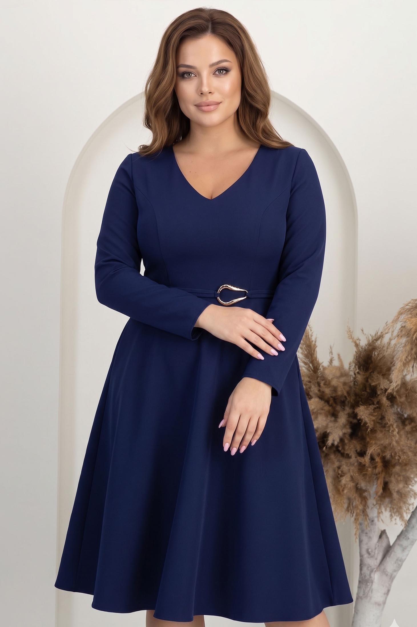 Rochie din stofa bleumarin midi in clos accesorizata cu inel auriu in talie - StarShinerS 1 - StarShinerS.ro