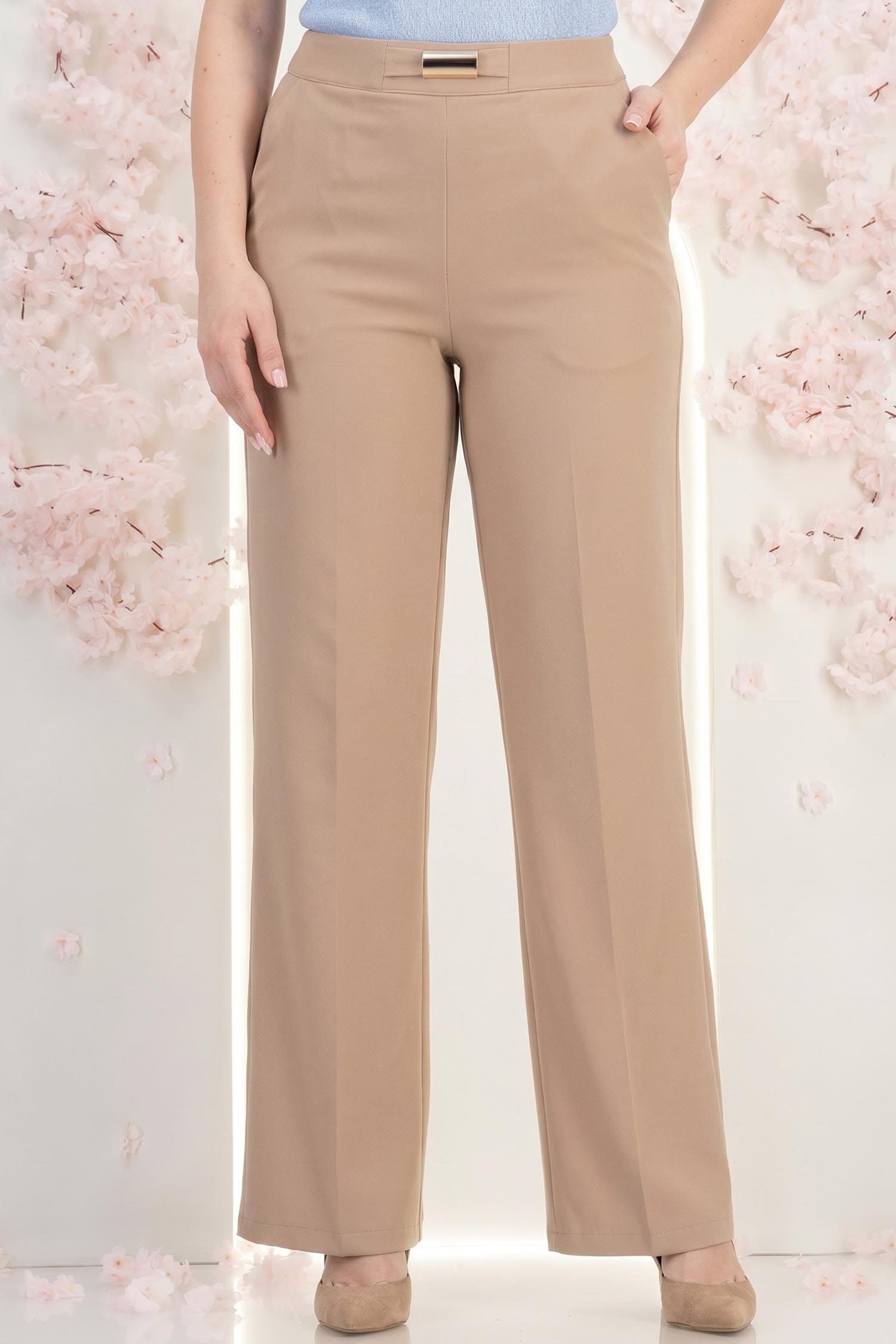 Pantaloni lungi din stofa bej evazati cu buzunare laterale si accesoriu in talie- StarShinerS 2 - StarShinerS.ro