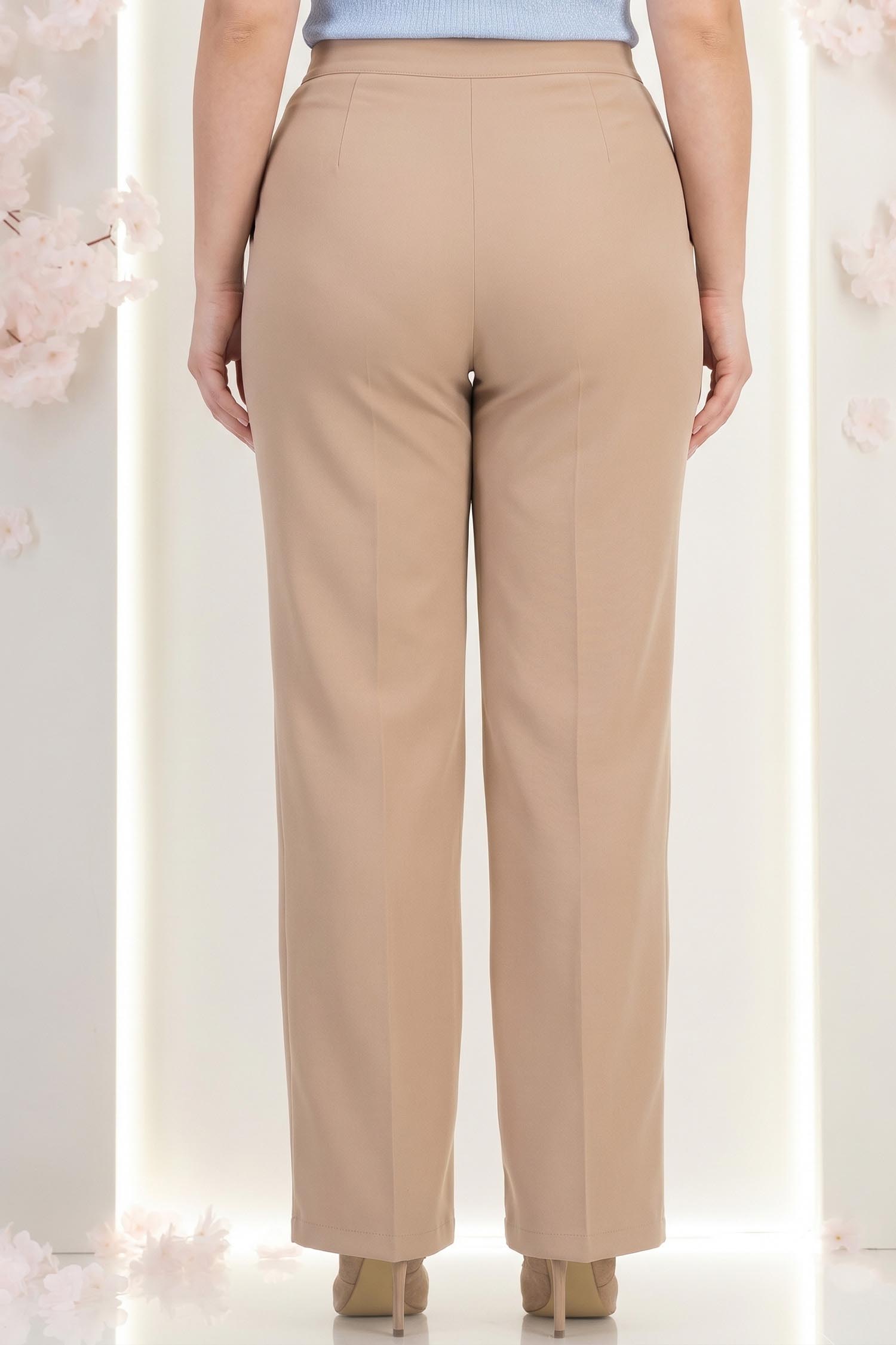 Pantaloni lungi din stofa bej evazati cu buzunare laterale si accesoriu in talie- StarShinerS 3 - StarShinerS.ro