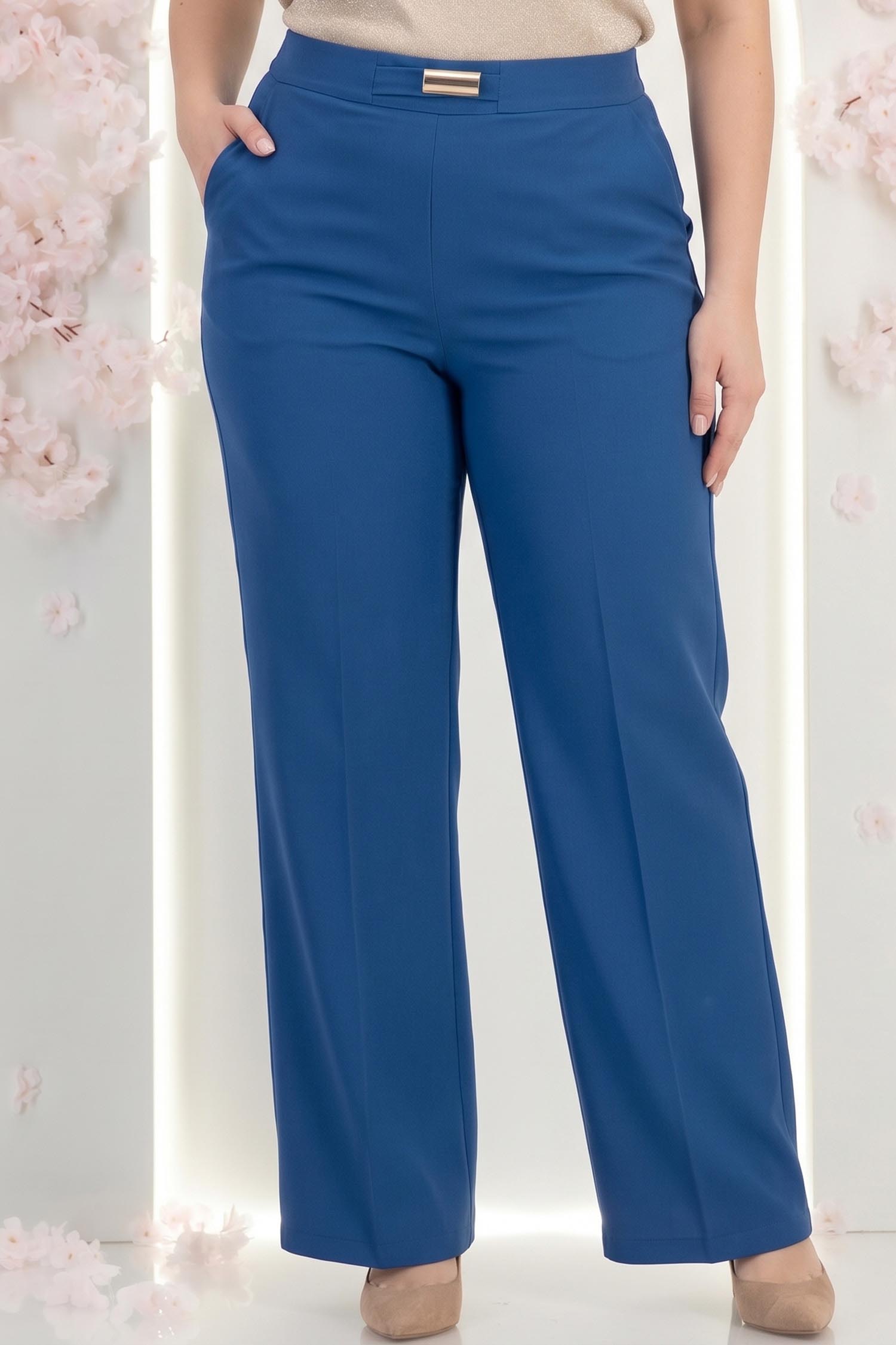 Pantaloni lungi din stofa albastri evazati cu buzunare laterale si accesoriu in talie - StarShinerS 2 - StarShinerS.ro