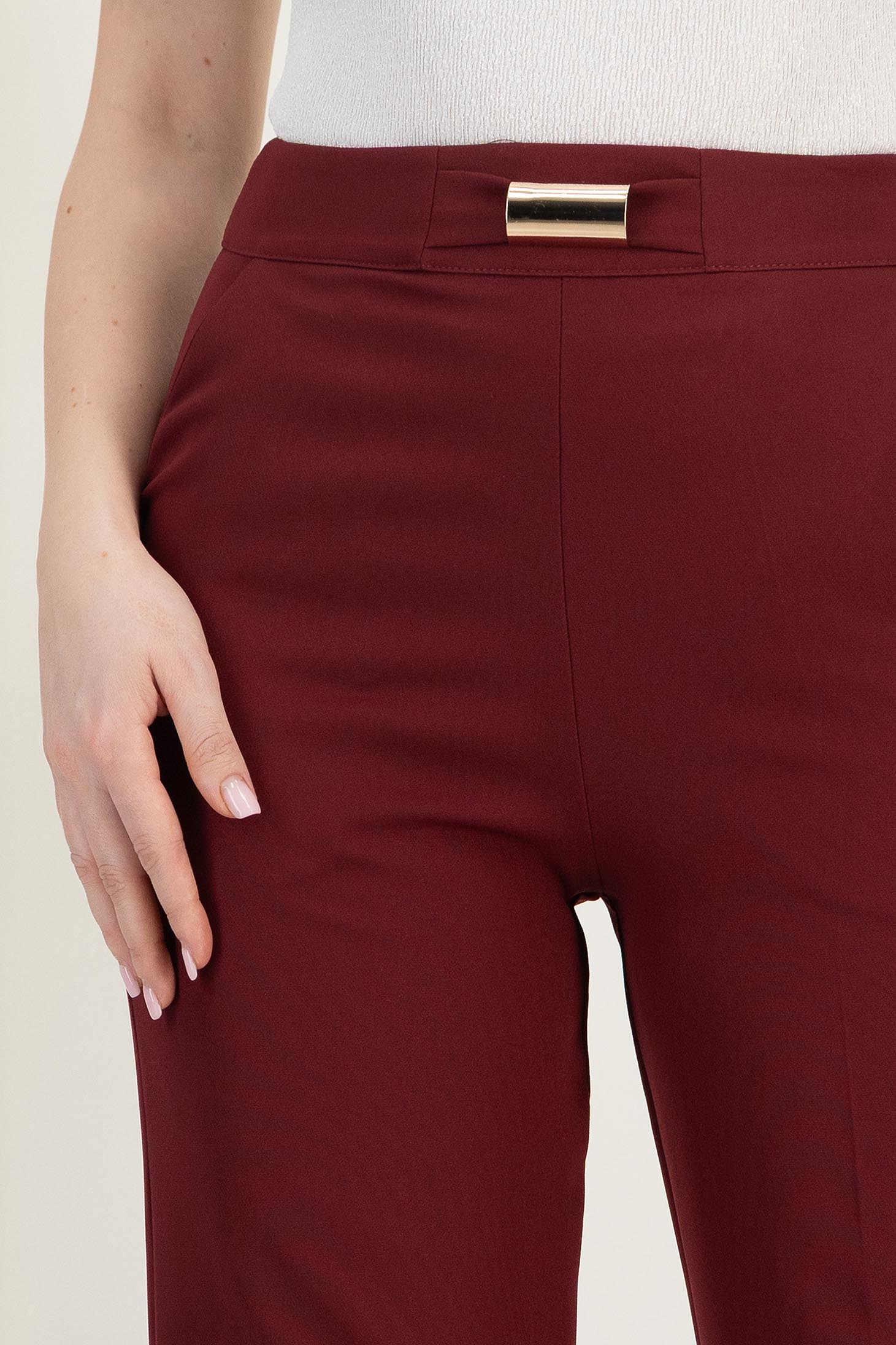 Pantaloni lungi din stofa visinii evazati cu buzunare laterale si accesoriu un talie- StarShinerS 6 - StarShinerS.ro