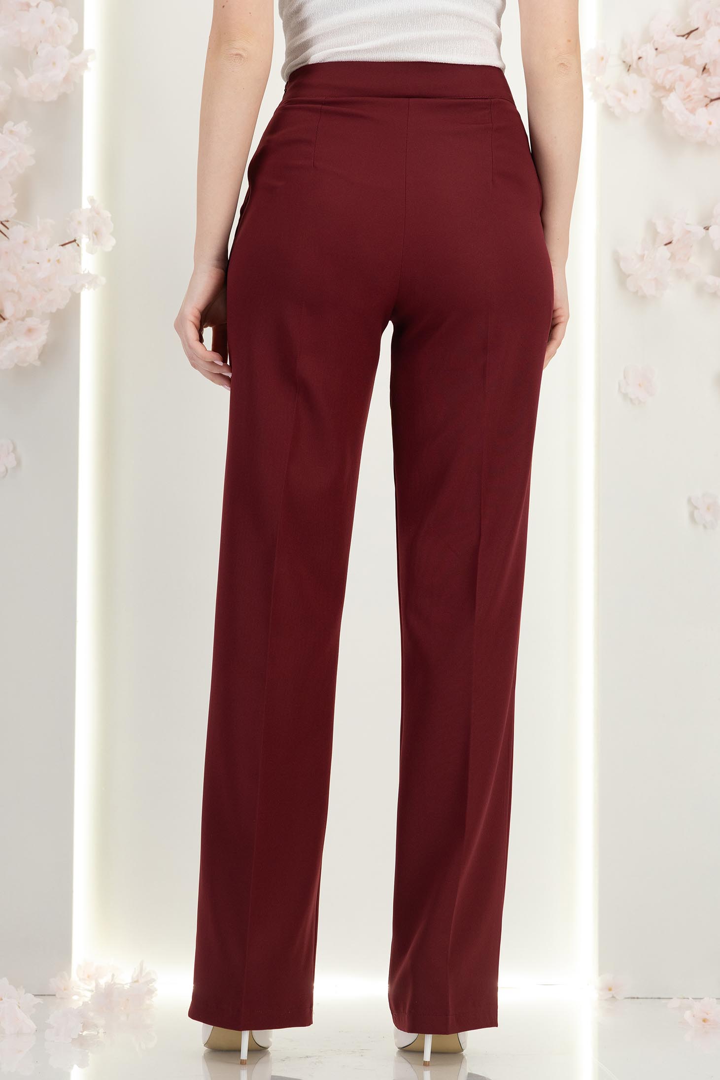 Pantaloni lungi din stofa visinii evazati cu buzunare laterale si accesoriu un talie- StarShinerS 5 - StarShinerS.ro