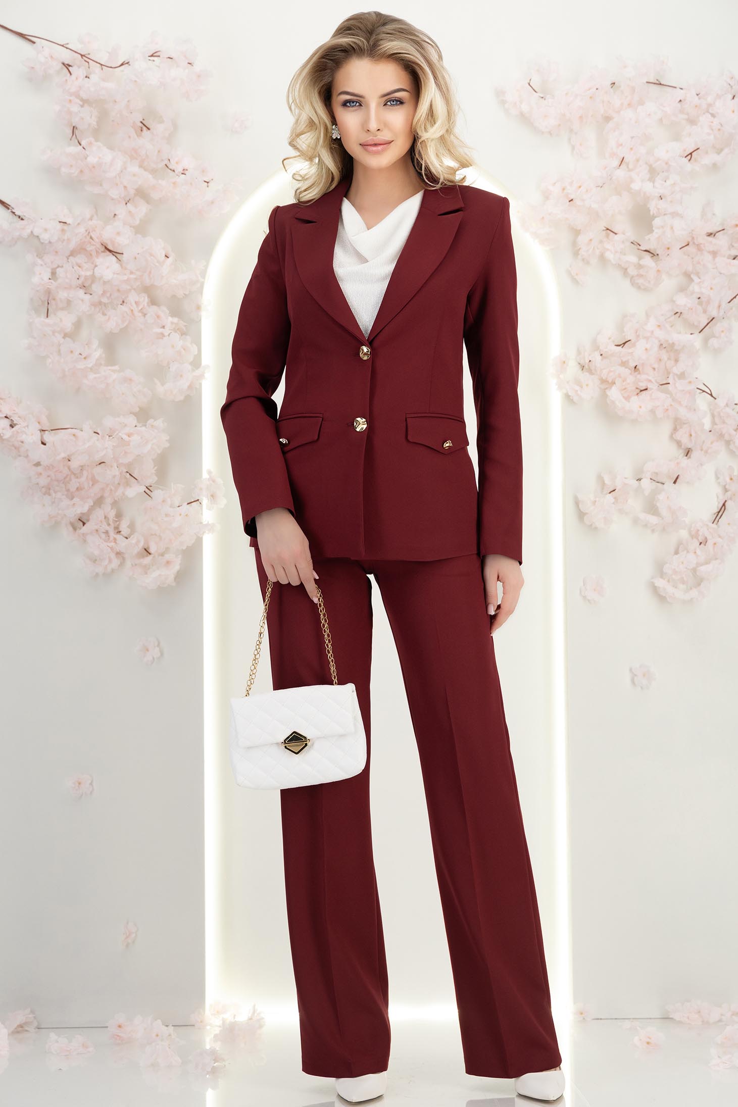 Pantaloni lungi din stofa visinii evazati cu buzunare laterale si accesoriu un talie- StarShinerS 2 - StarShinerS.ro