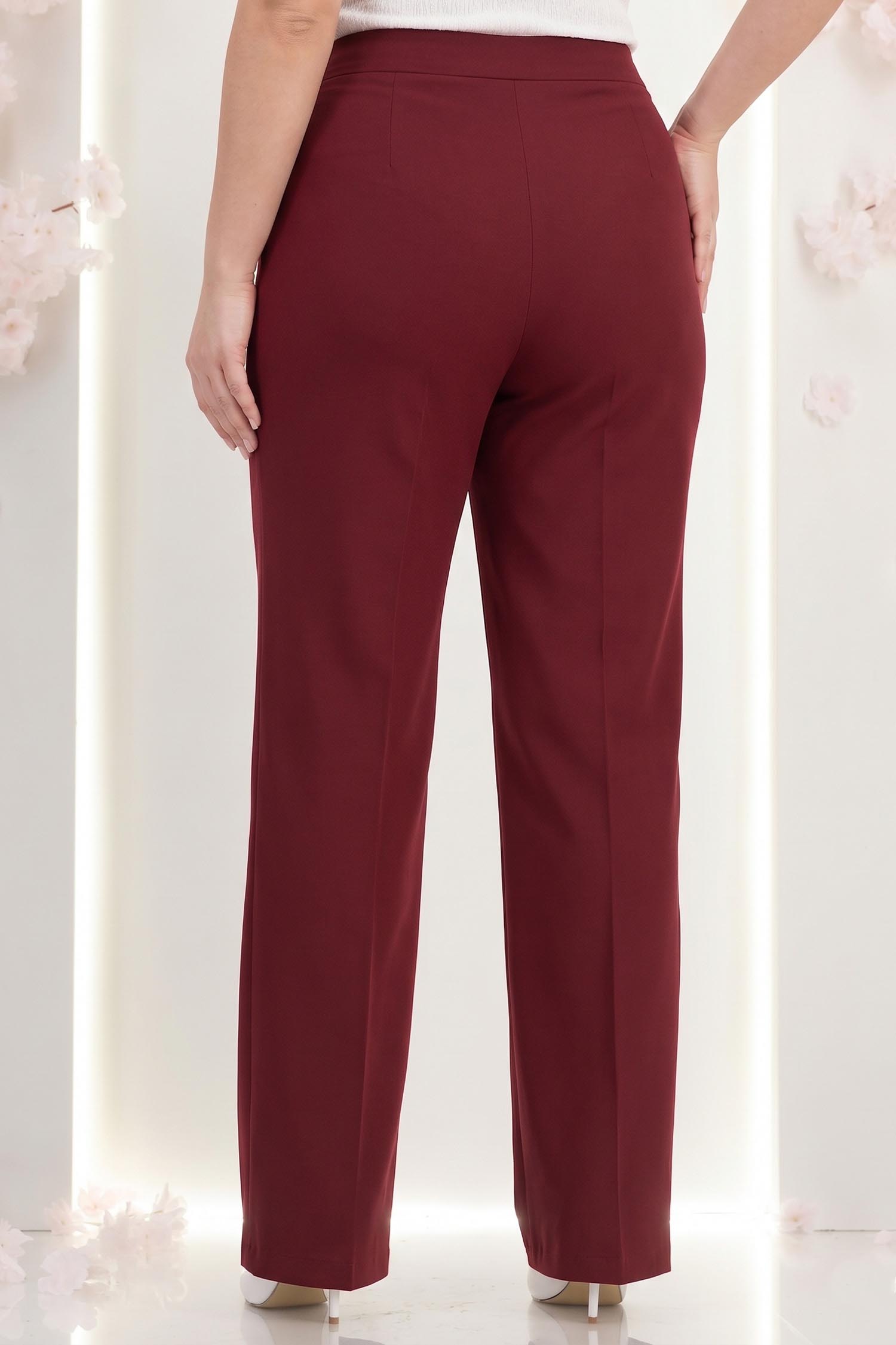 Pantaloni lungi din stofa visinii evazati cu buzunare laterale si accesoriu un talie- StarShinerS 2 - StarShinerS.ro