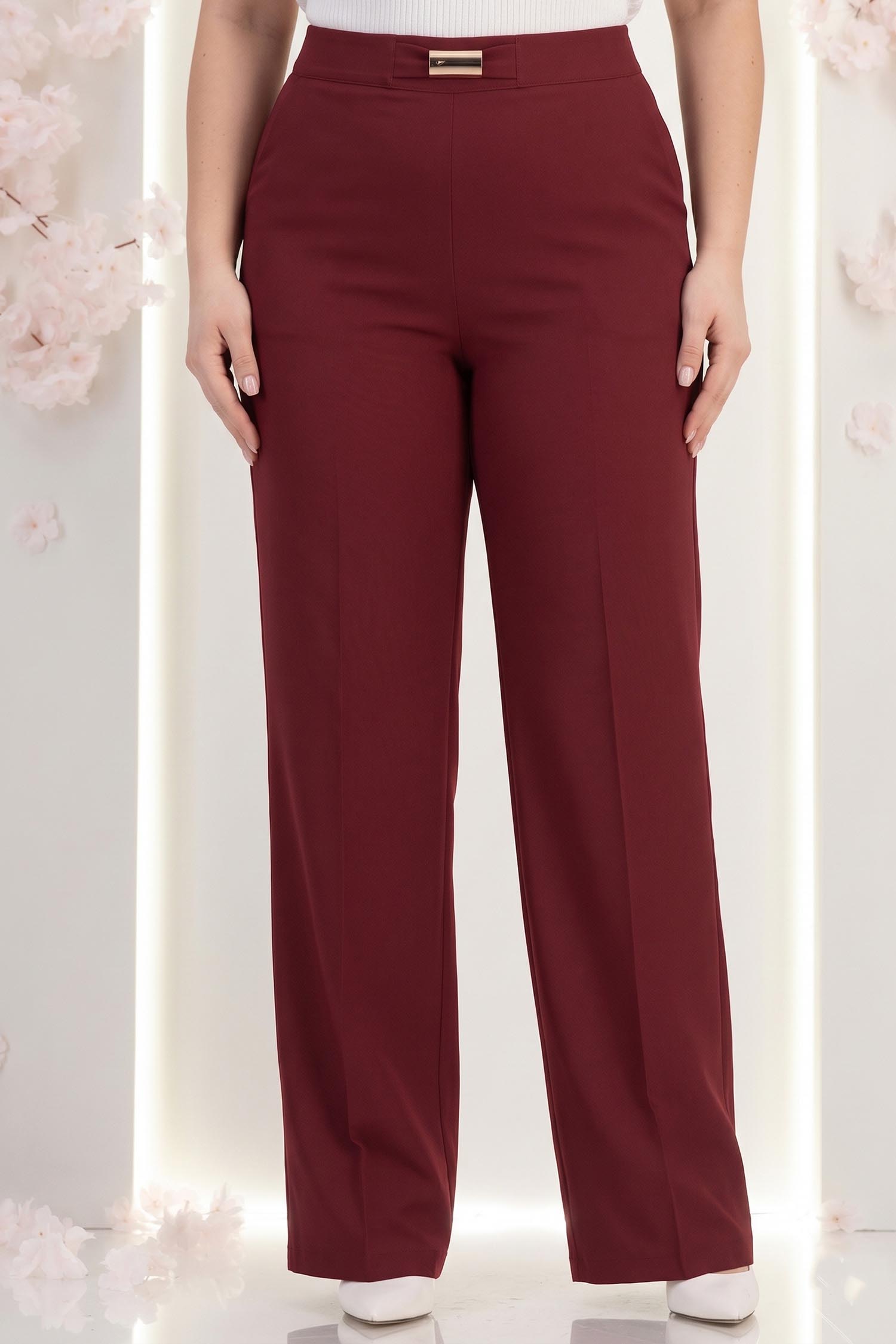 Pantaloni lungi din stofa visinii evazati cu buzunare laterale si accesoriu un talie- StarShinerS 1 - StarShinerS.ro
