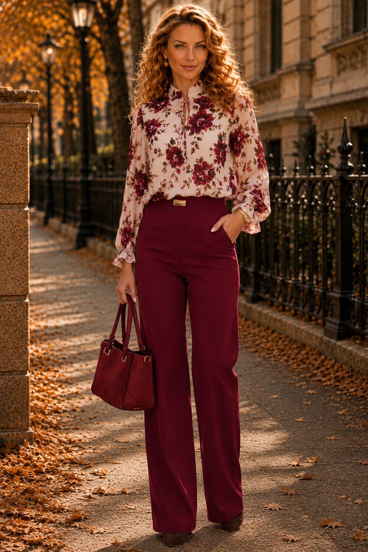 Pantaloni lungi visinii evazati cu buzunare laterale si accesoriu un talie- StarShinerS 2 - StarShinerS.ro