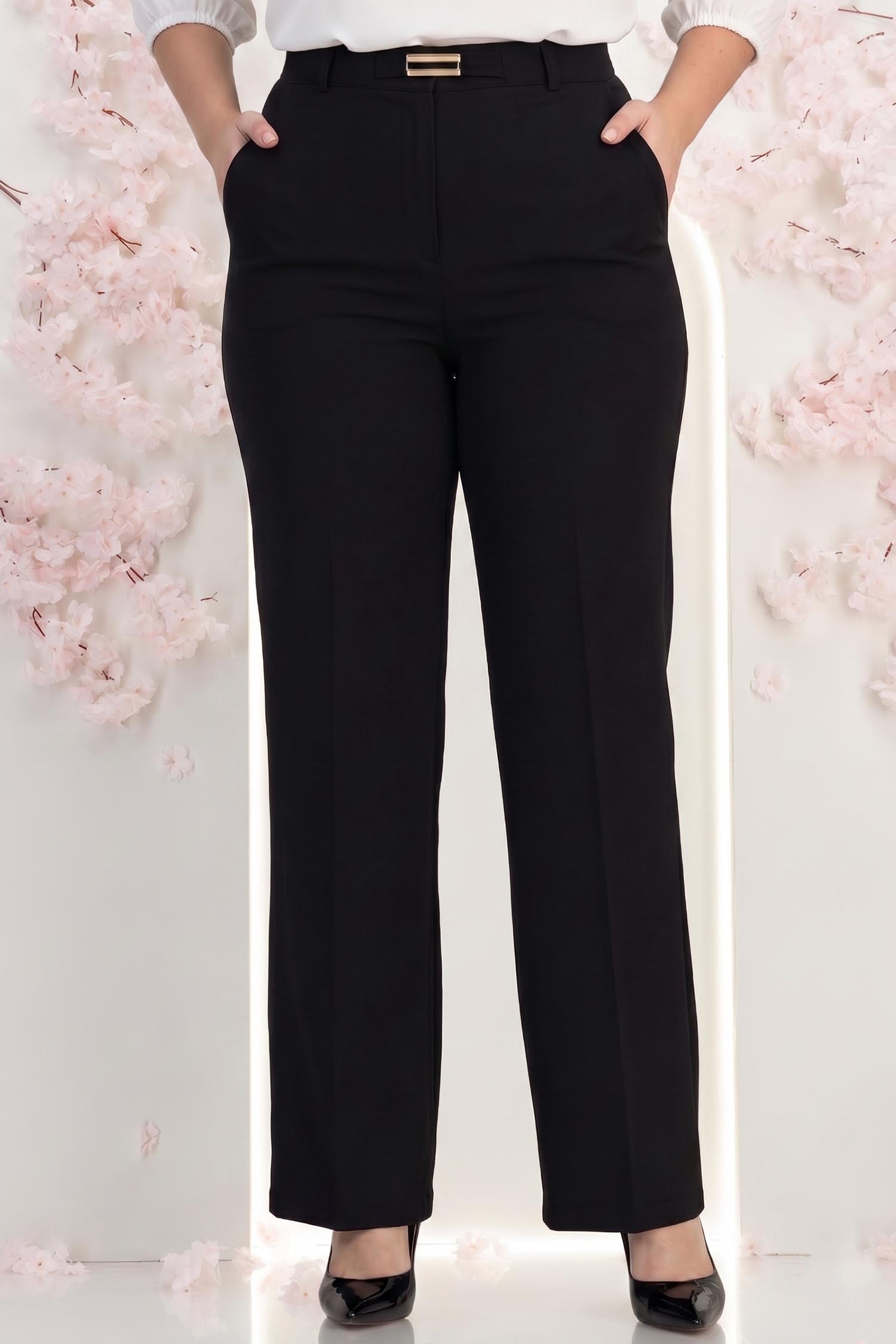 Pantaloni lungi din stofa negri evazati cu accesoriu in talie - StarShinerS 1 - StarShinerS.ro