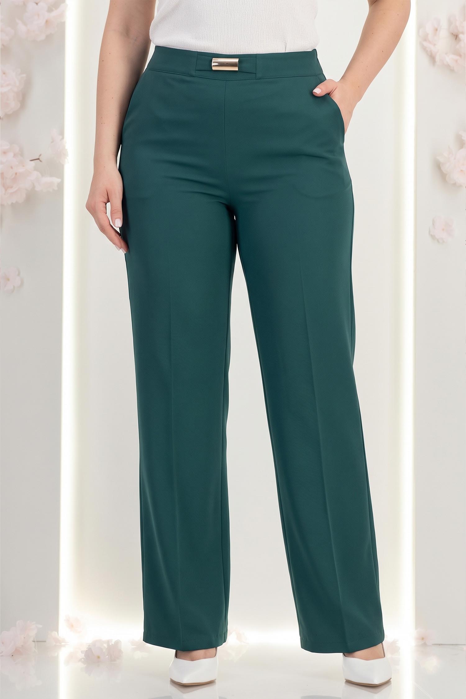 Pantaloni lungi din stofa verde-inchis evazati cu accesoriu in talie - StarShinerS 1 - StarShinerS.ro