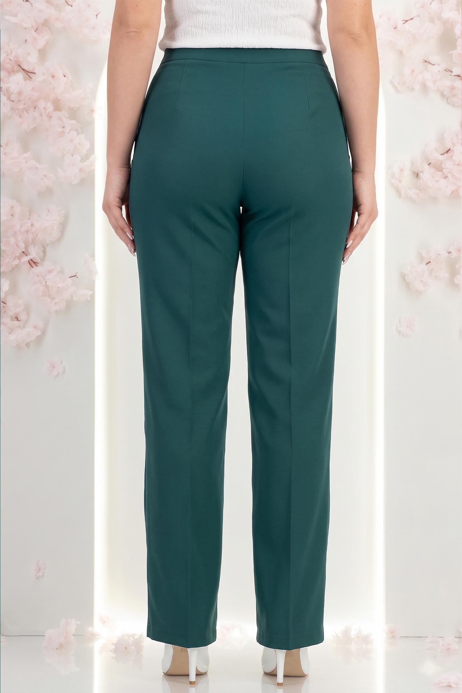 Pantaloni lungi din stofa verde-inchis evazati cu accesoriu in talie - StarShinerS 2 - StarShinerS.ro