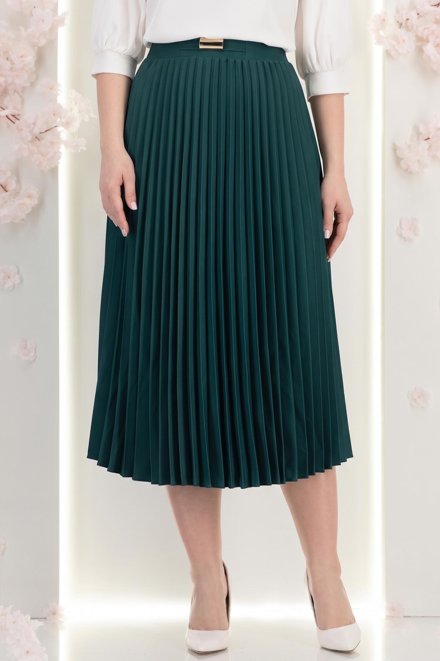 Fusta plisata din stofa elastica verde-inchis midi in clos cu accesoriu metalic in talie - StarShinerS 1 - StarShinerS.ro