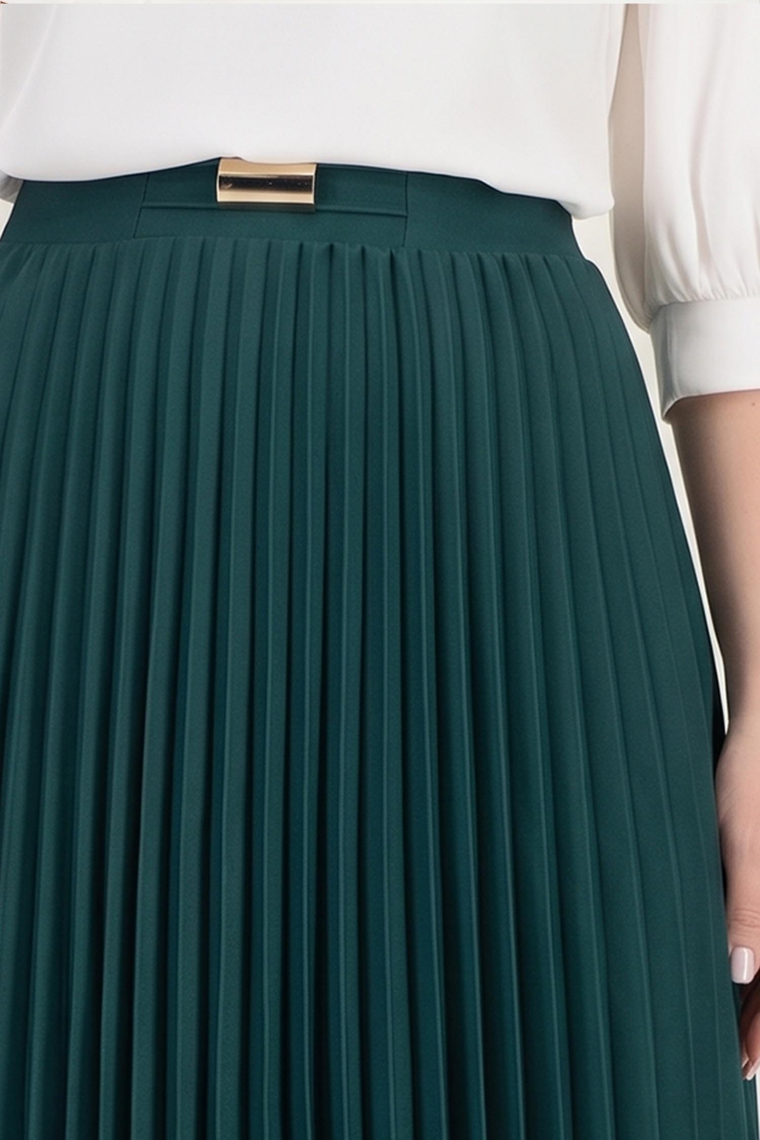 Fusta plisata din stofa elastica verde-inchis midi in clos cu accesoriu metalic in talie - StarShinerS 4 - StarShinerS.ro