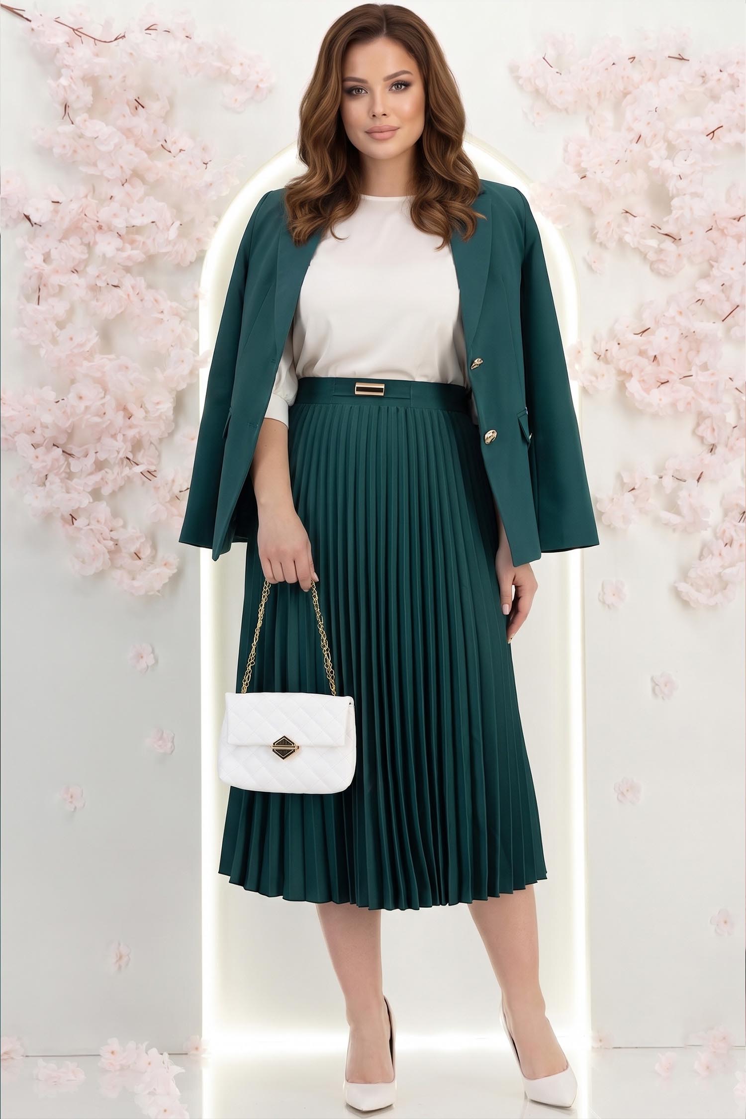 Fusta plisata din stofa elastica verde-inchis midi in clos cu accesoriu metalic in talie - StarShinerS 3 - StarShinerS.ro