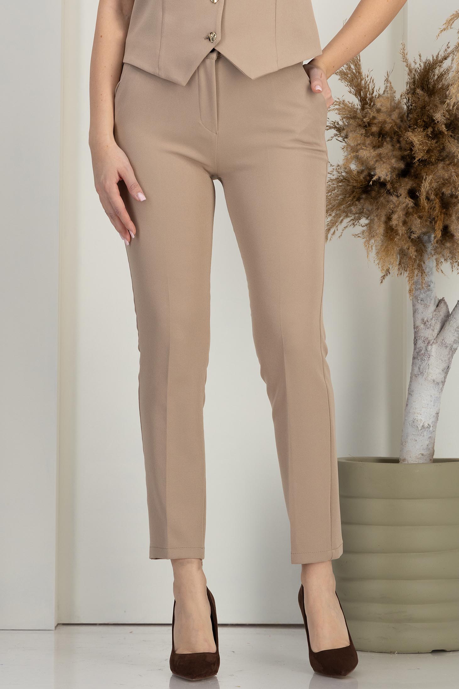 Pantaloni din stofa bej conici cu talie inalta si buzunare laterale - StarShinerS 7 - StarShinerS.ro