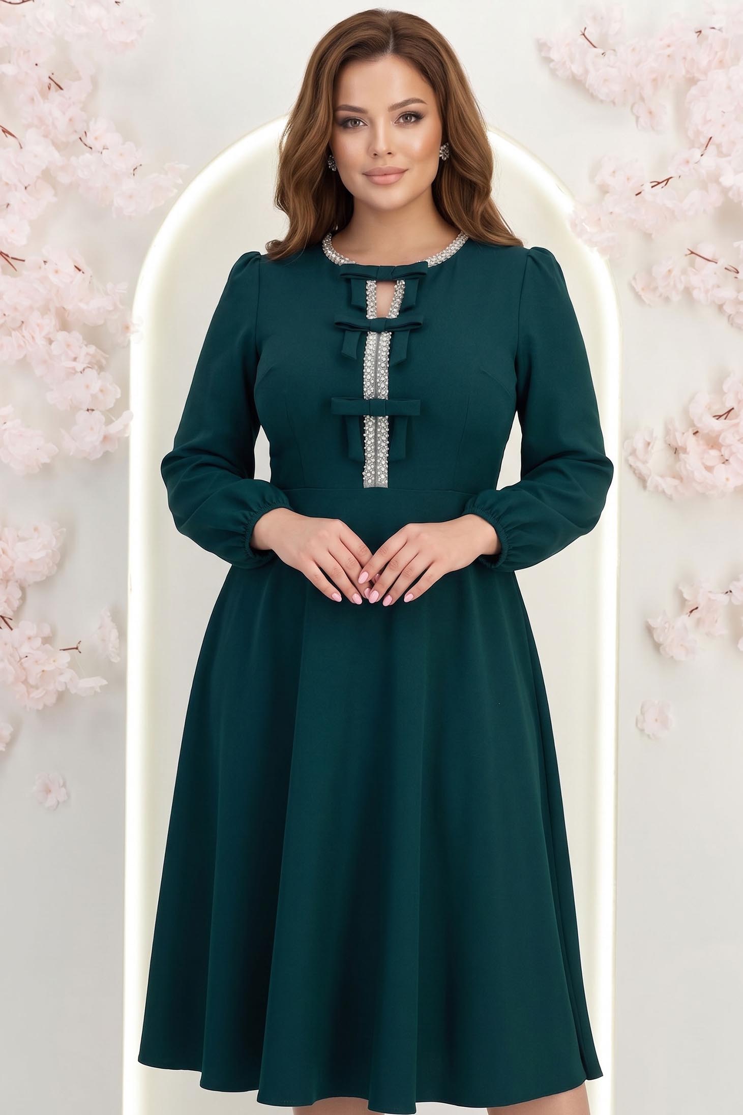 Rochie din stofa elastica verde-inchis midi in clos accesorizata cu fundite si pietre strass frontal - StarShinerS 1 - StarShinerS.ro
