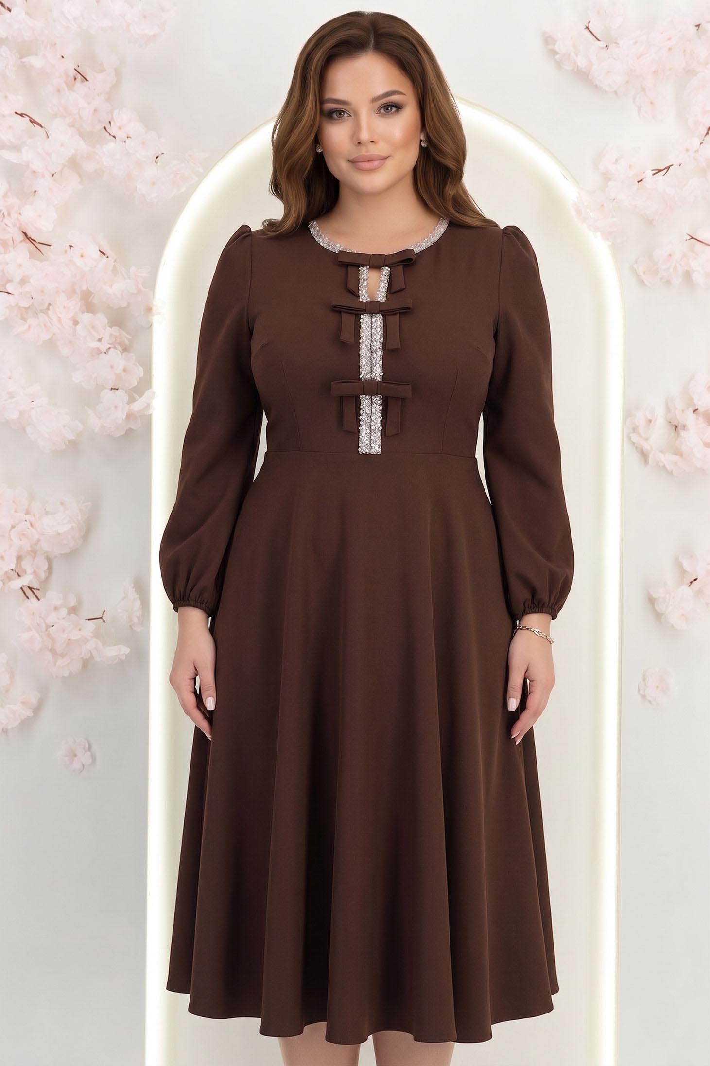 Rochie din stofa elastica maro midi in clos accesorizata cu fundite si pietre strass frontal- StarShinerS 3 - StarShinerS.ro