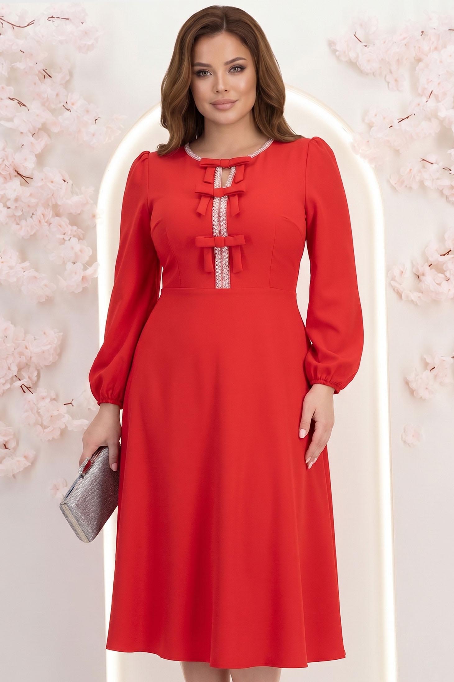 Rochie din stofa elastica rosie midi in clos accesorizata cu fundite si pietre strass frontal - StarShinerS 2 - StarShinerS.ro
