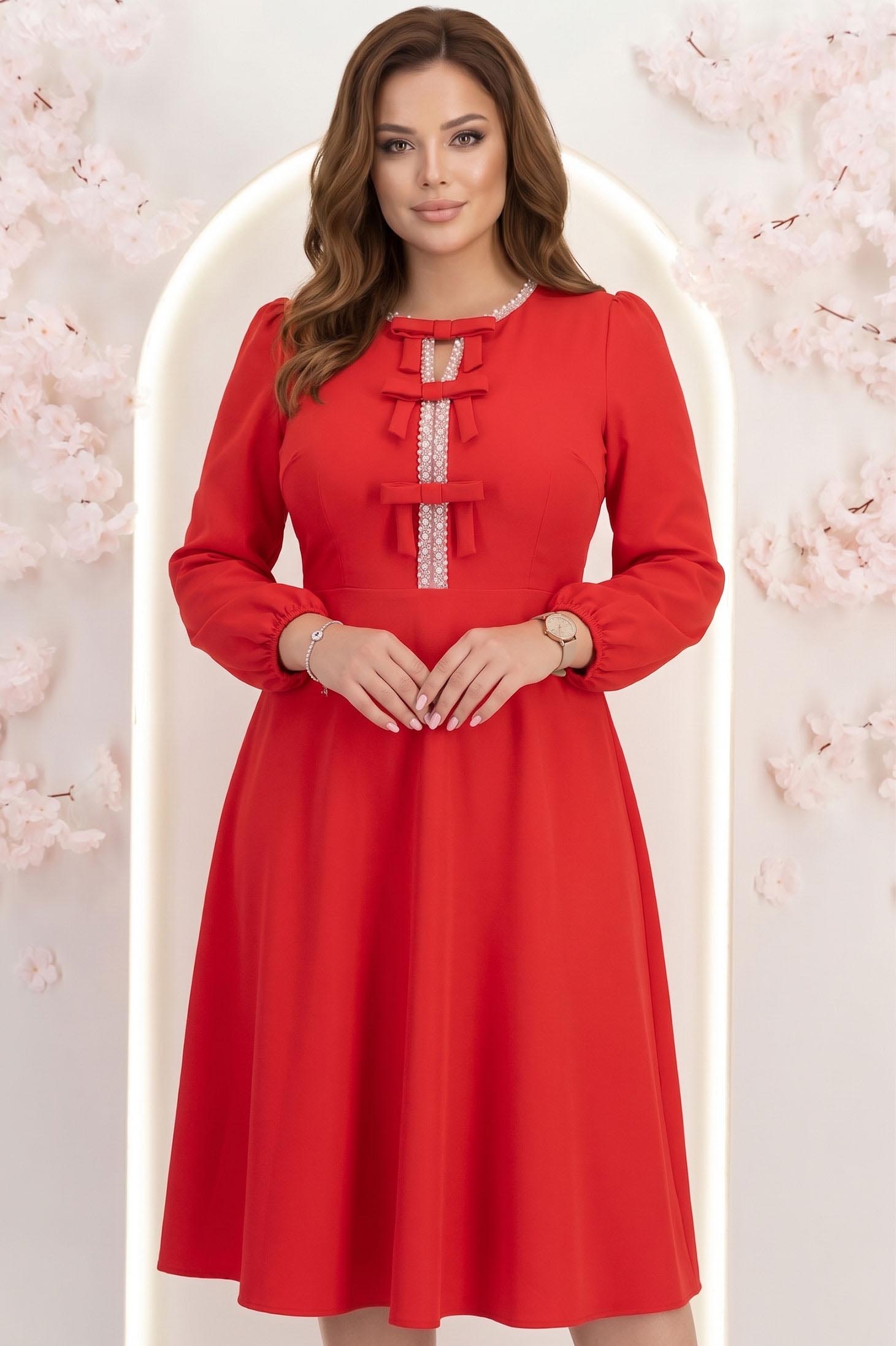 Rochie din stofa elastica rosie midi in clos accesorizata cu fundite si pietre strass frontal - StarShinerS 1 - StarShinerS.ro