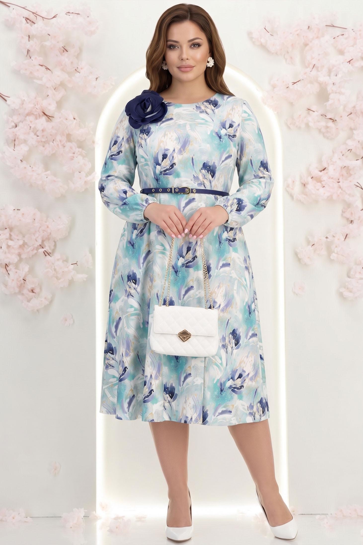 Rochie din stofa elastica albastra-deschis midi in clos accesorizata cu brosa florara si curea detasabile- StarShinerS 2 - StarShinerS.ro